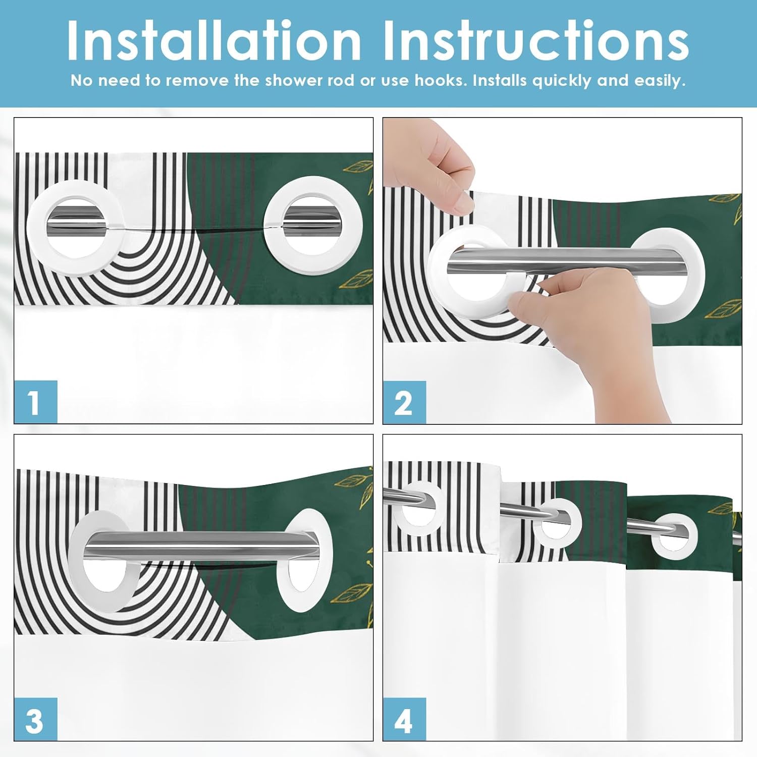 No Hook Mid Century Green Boho Shower Curtain with Snap in Fabric Liner, Abstract Sun Arch Curve Leaves Geometric Double Layers Waterproof with See Through Top Window Bath Curtain 71x74 Inch