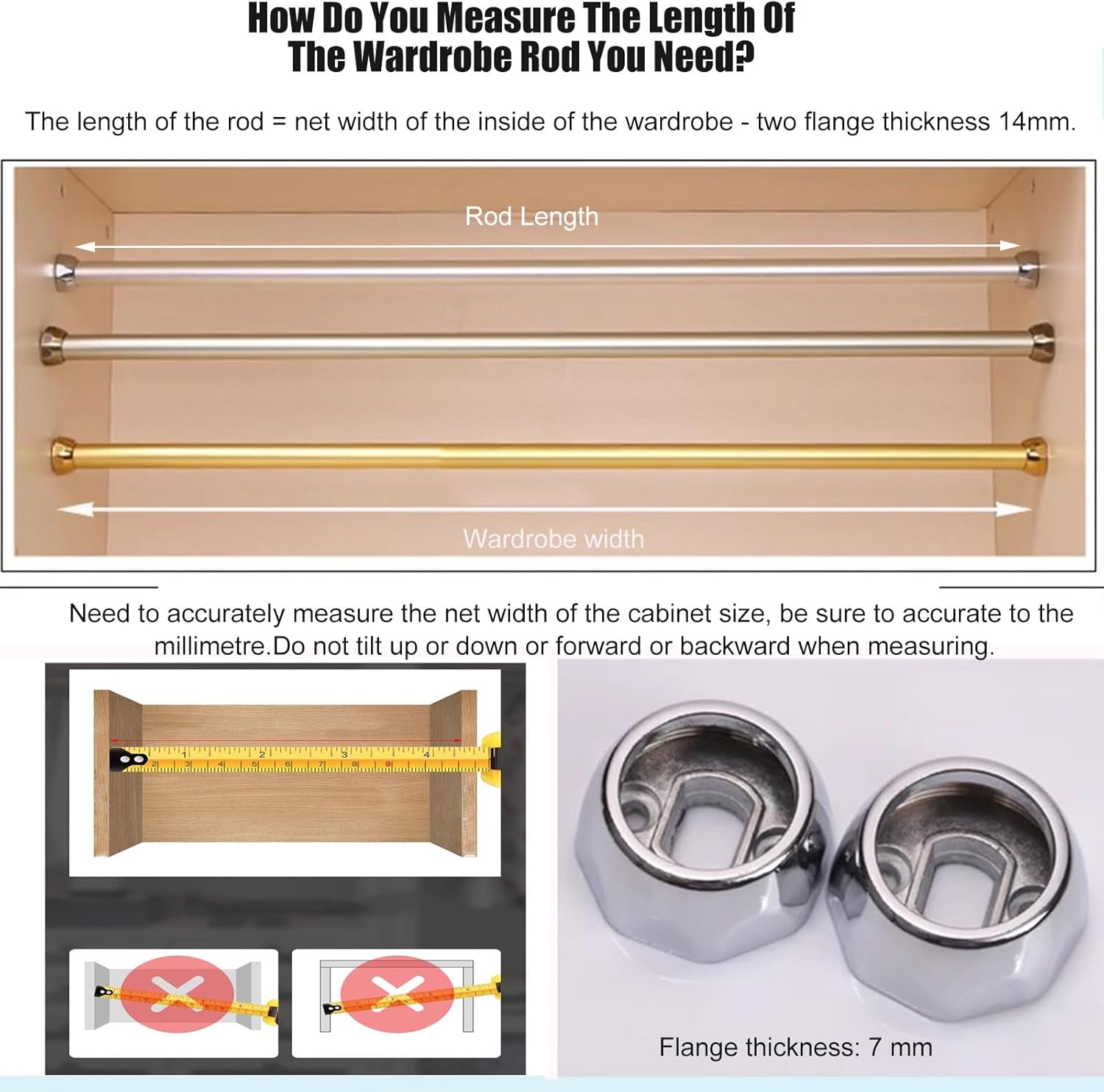 Super Load-bearing Heavy Duty Wardrobe Pole with Flange Base, Metal Closet Rod Custom Cut to Size, Round Post for Shower Curtain Laundry Room Balcony (Color : Gold, Size : 51.2in/130cm)