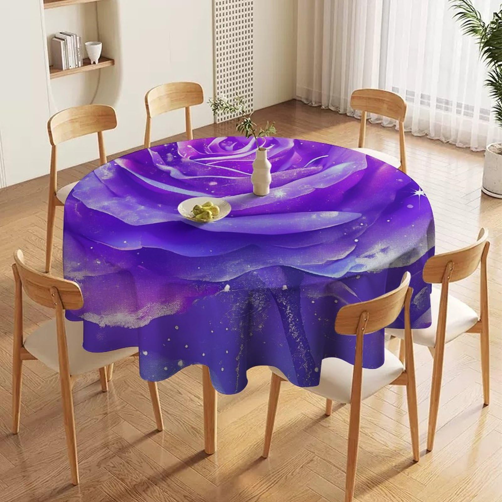 ORDOBO 3D Print Round Tablecloth - Purple Rose Round Countertop Decoration Cover Waterproof Wipeable Dust-Proof For Kitchen Dining Home 152X152Cm