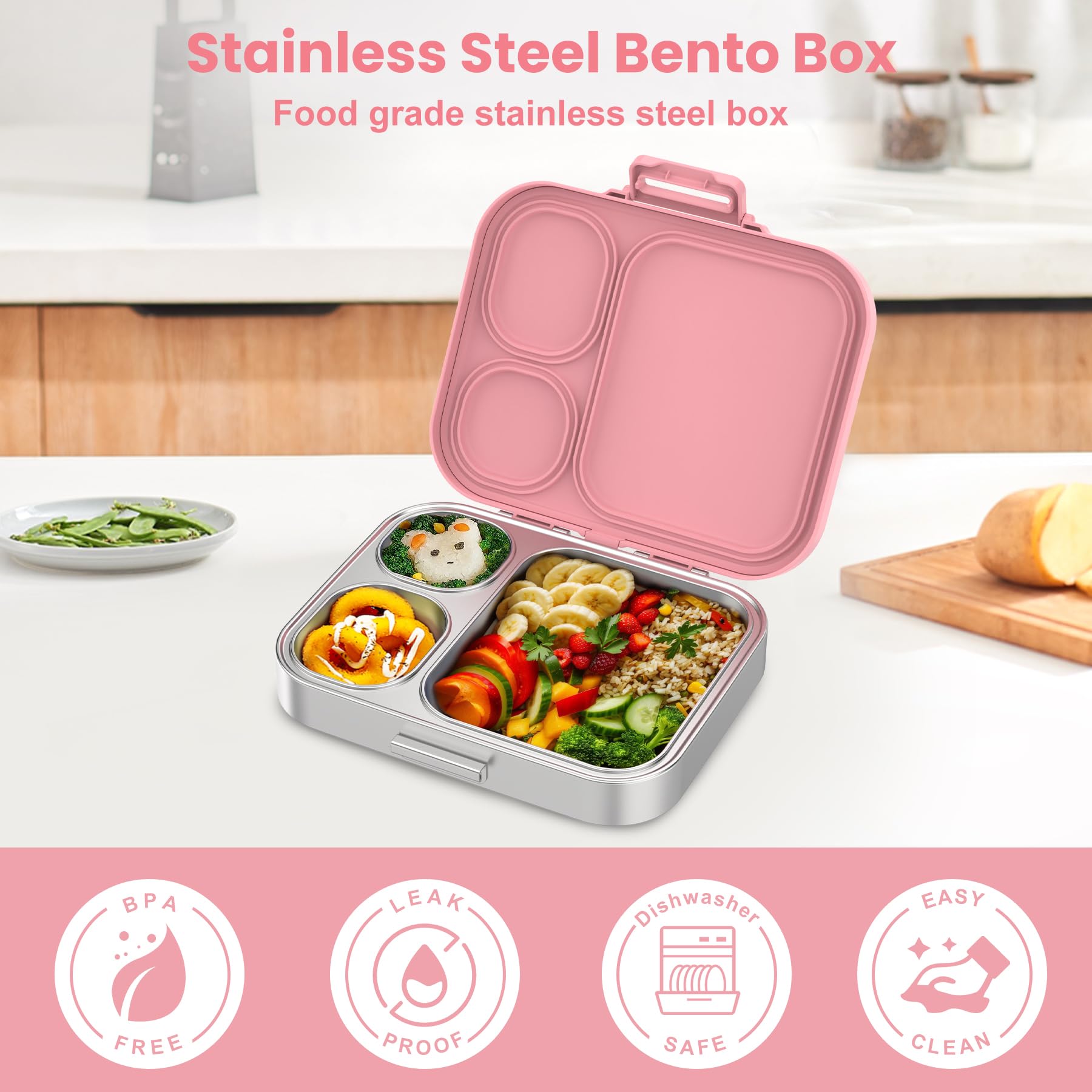 Pawtong Lonchera Bento de acero inoxidable para niños, contenedor de 3 compartimentos para niños, 100 % a prueba de fugas, apta para lavavajillas, ecológica, control perfecto de porciones para comidas