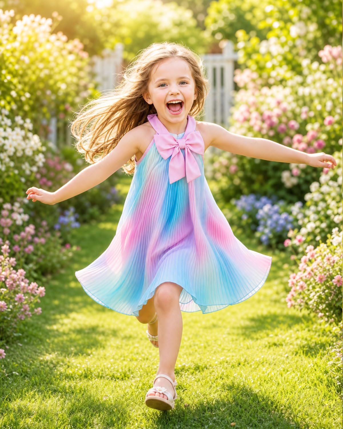 FishingDino Vestito estivo da bambina 3-8 anni, senza maniche, con scollo all'americana e punto smock, abito in tulle con fiocco e cerniera