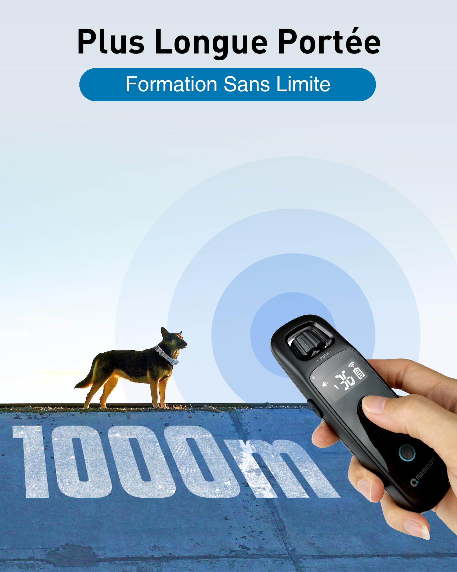 Cane Collare da addestramento ABBIDOT portata 1000 m, 4 modalità di illuminazione, segnale acustico, vibrazione, vibrazione potenziata, impermeabile IPX7