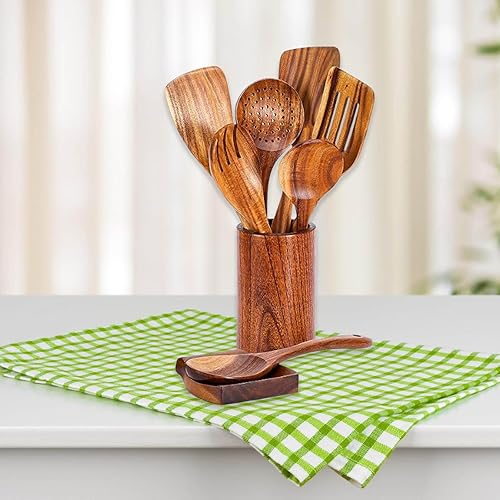Miniatura 5 de Set Of 9 Kitchen Utensils Essential Cooking Tool Slotted Tuner Serving Spoon Cooking Utensils Set Wood Texture Tool