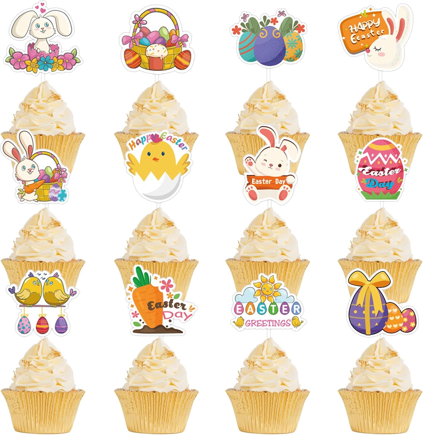 24PCS Easter Cupcake Toppers, Happy Easter Eggs Bunny Cake Topper Picks Food Decorations for Easter Birthday Party Favor Decor Supplies