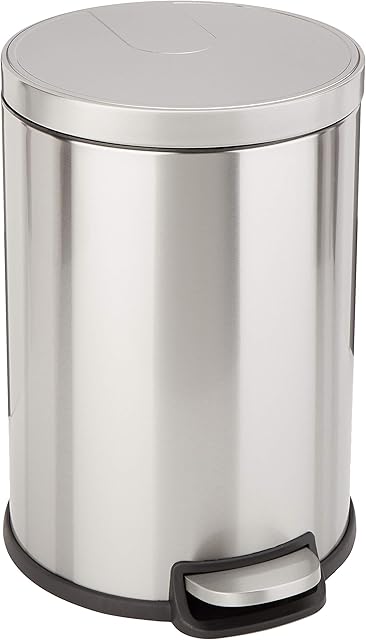 Amazon Basics 20L Dustbin with Steel Bar Pedal, Soft-Closing Mechanism for Home and Office Use - Round, Stainless Steel