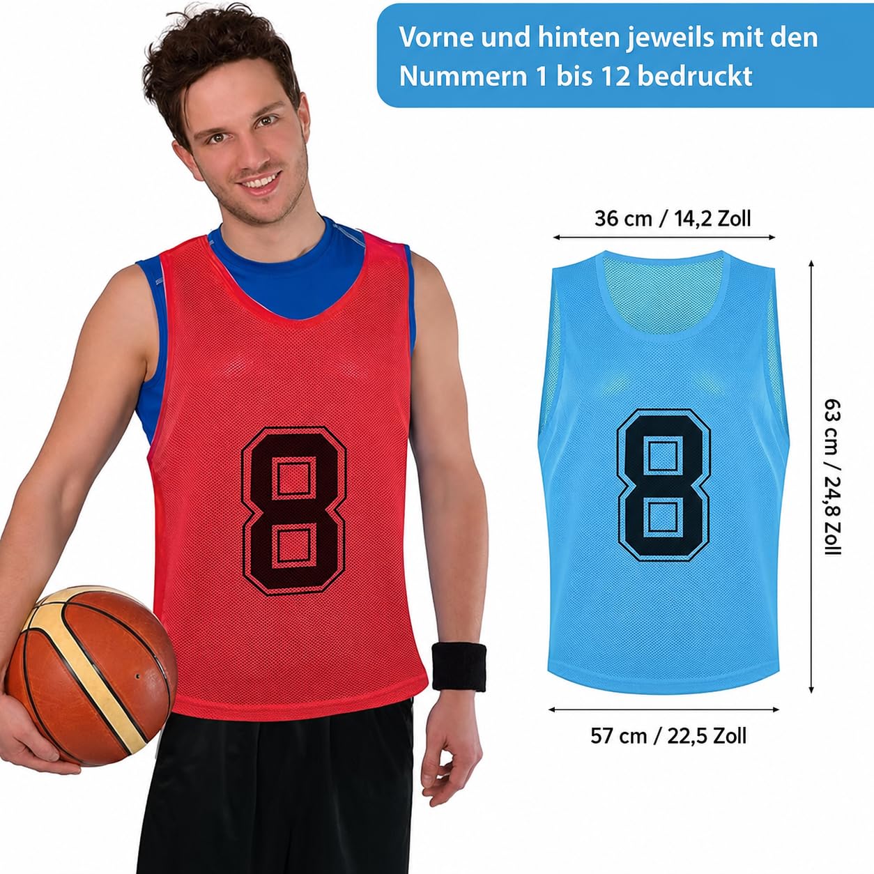 24er-Pack Leibchen für Erwachsene mit Nummern (1-12) - Atmungsaktive Trainingswesten- Markierungshemden für Fußball, Basketball & Sport, Rot & Blau