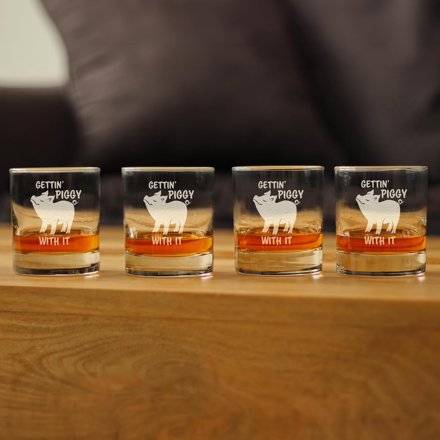 Bevvee Gettin Piggy With It - Funny Pig Whiskey Rocks Glass Gifts for Men & Women - Set of 4 - Fun Whisky Drinking Tumbler Décor