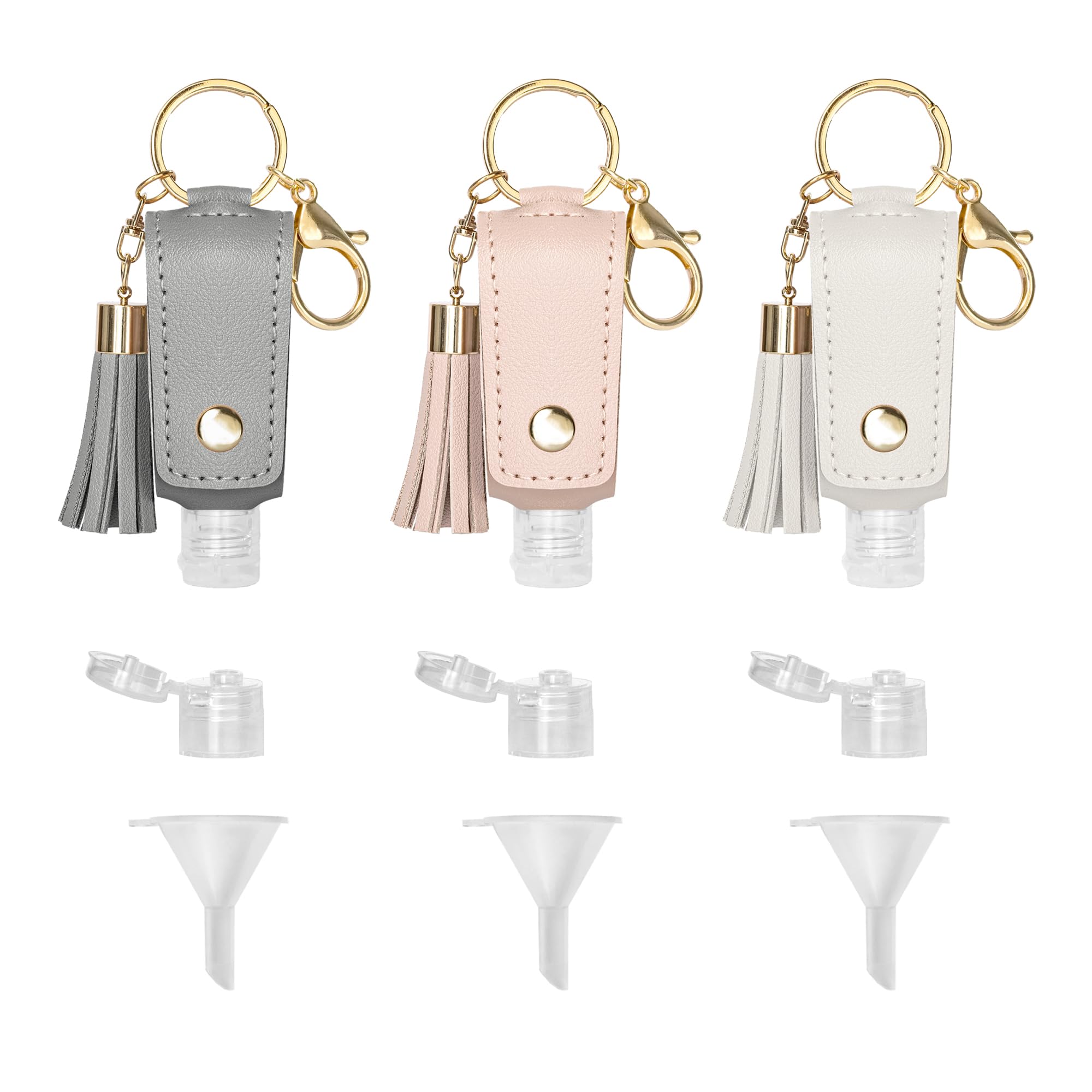 3PCS 30ml Refillable Bottle Keychain Portable Bottle Reusable Travel Bottle with PU Leather Cover, Funnels, Hook for Outdoor Trip Shopping School (Mori)