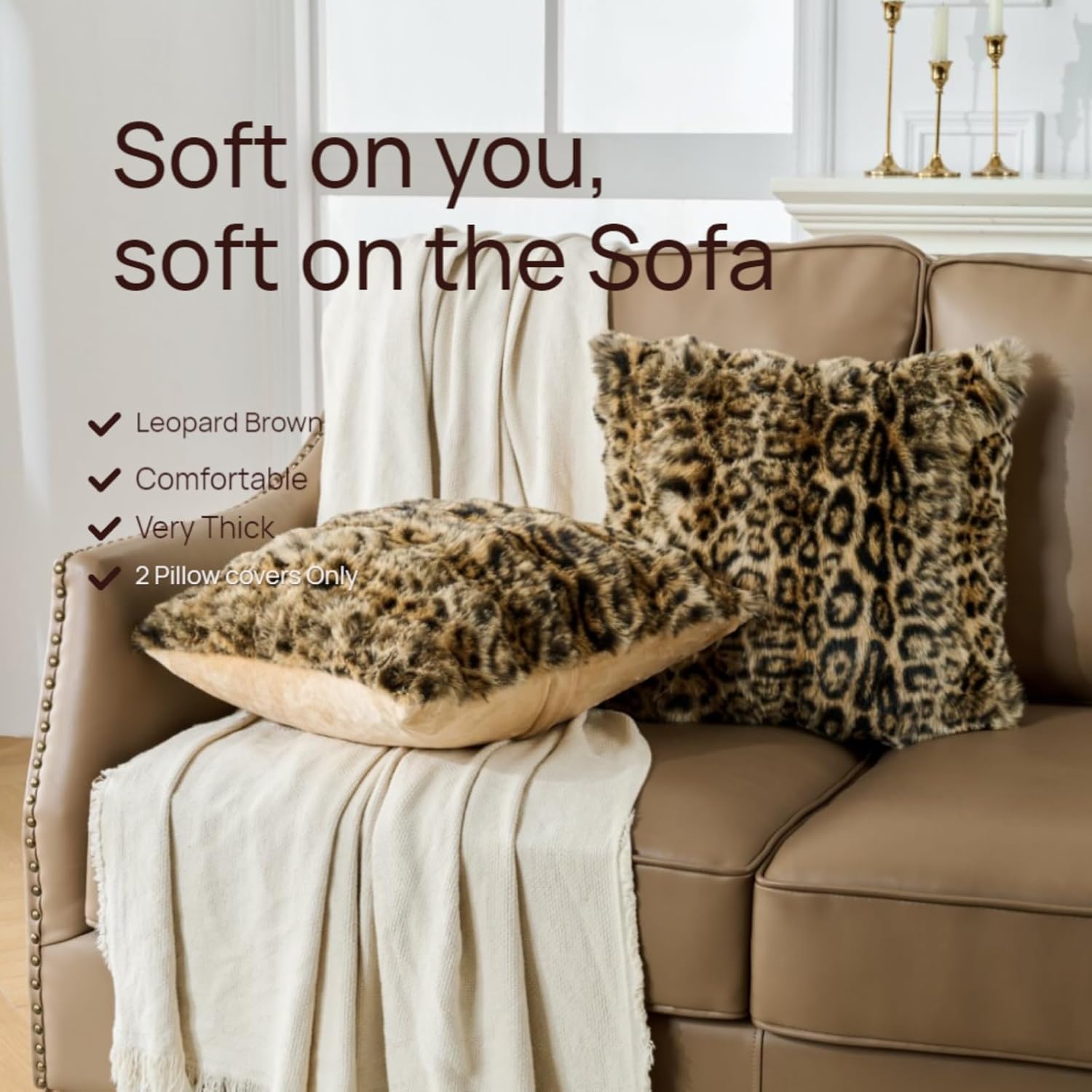 Cheetah Print Faux Fur Fluffy Pillowcases,Plush Soft Throw Pillow Covers, Fuzzy Decorative Leopard Print Pillow Cases, Furry Brown Leopard Cushion Covers for Couch Sofa-12x20 inch Set of 2 - Image 3