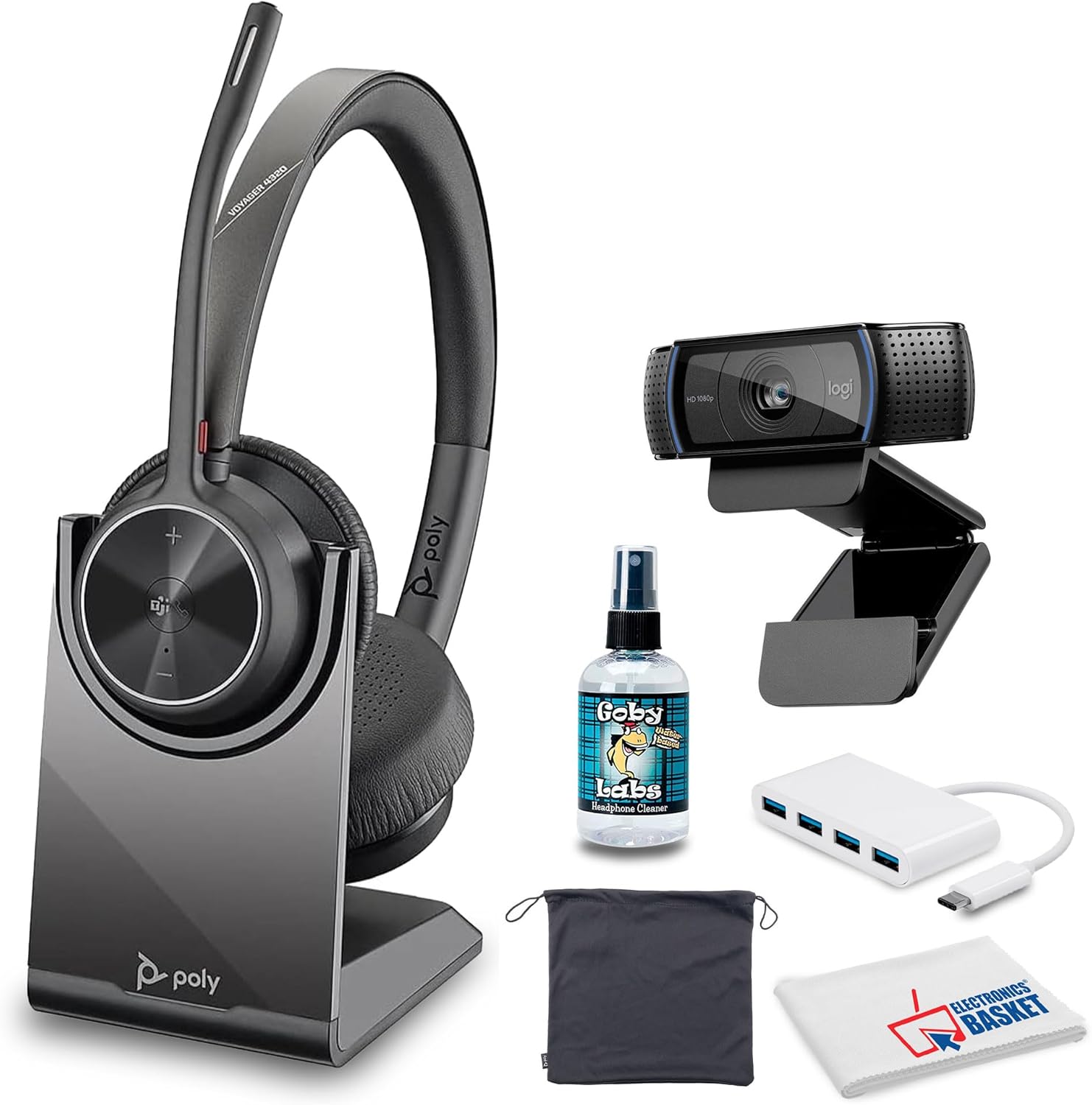 Poly Voyager 4320 Bluetooth Headset with BT700 Dongle and Charging Stand (Microsoft Teams Certified)(77Z00AA) Bundle with Travel Pouch, C920x Webcam, USB-C Hub, Headphone Cleaner, Fiber Cloth