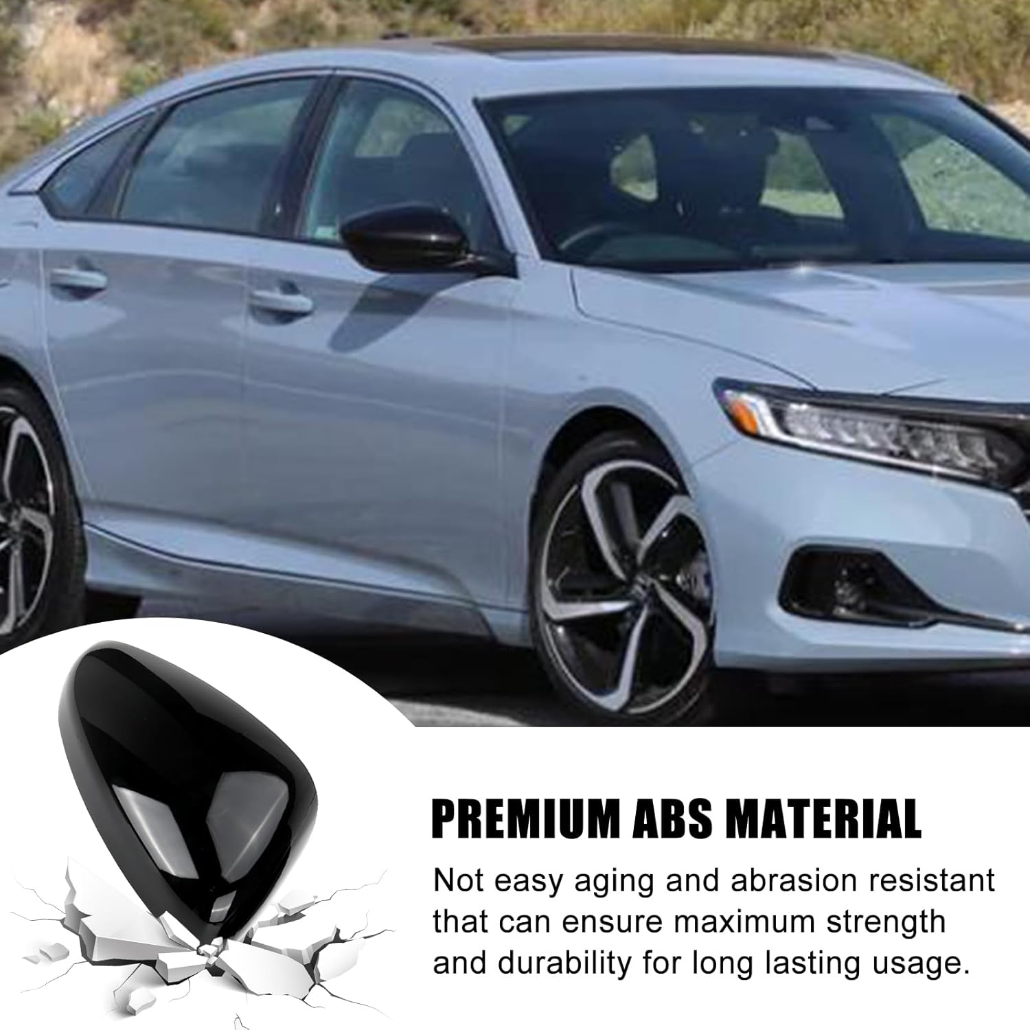 Glossy Black Left Driver Side Mirror Cover Cap Housing Replacement for 2018 2019 2020 2021 2022 10th Honda Accord LX, EX, Sport without Turn Signal Model