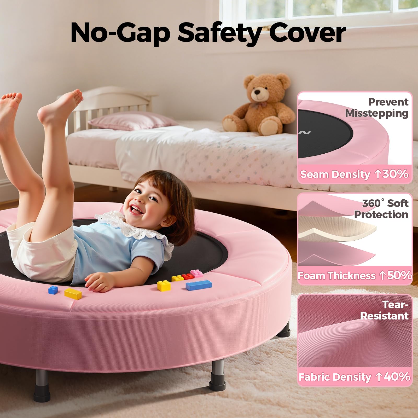 BCAN Trampolina dla małych dzieci, 91 cm, certyfikat ASTM, uchwyt piankowy i bezpieczna, pogrubiona osłona, mini trampolina dla dzieci w pomieszczeniach, łatwy montaż