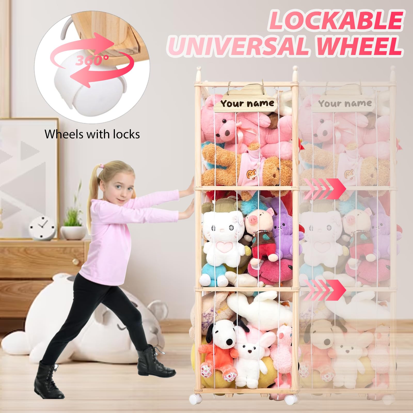 Étagère à Peluches Sur Roulettes – Grande Capacité, Bois Massif Personnalisable, Idéal Chambre Enfant & Salle De Jeux
