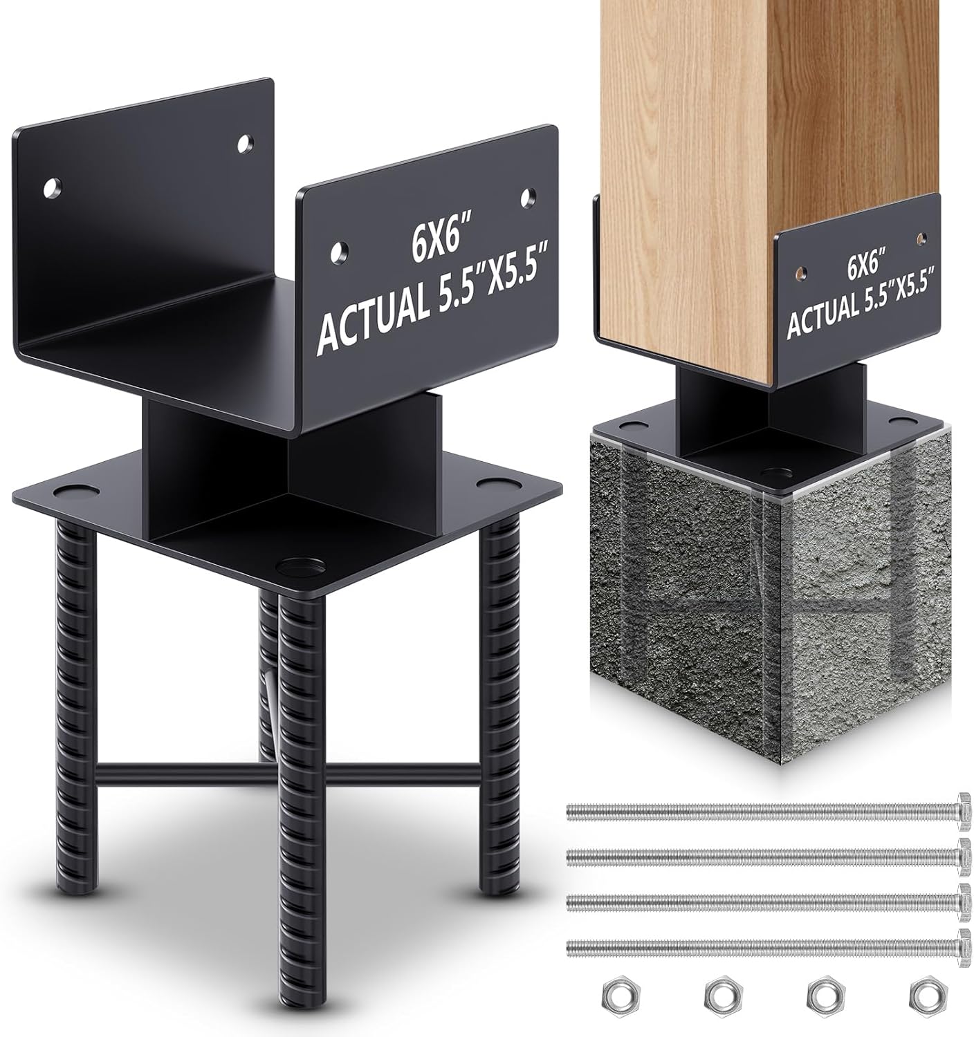 Zonon 2 Pack 6" x 6" (Actual 5.5" x 5.5") Concrete U Shape Heavy Duty Fence Post Base Anchor Bracket Metal Wood Wet Concrete Post Base Holder for Deck Railings, Fences, Gazebos Foundation Support