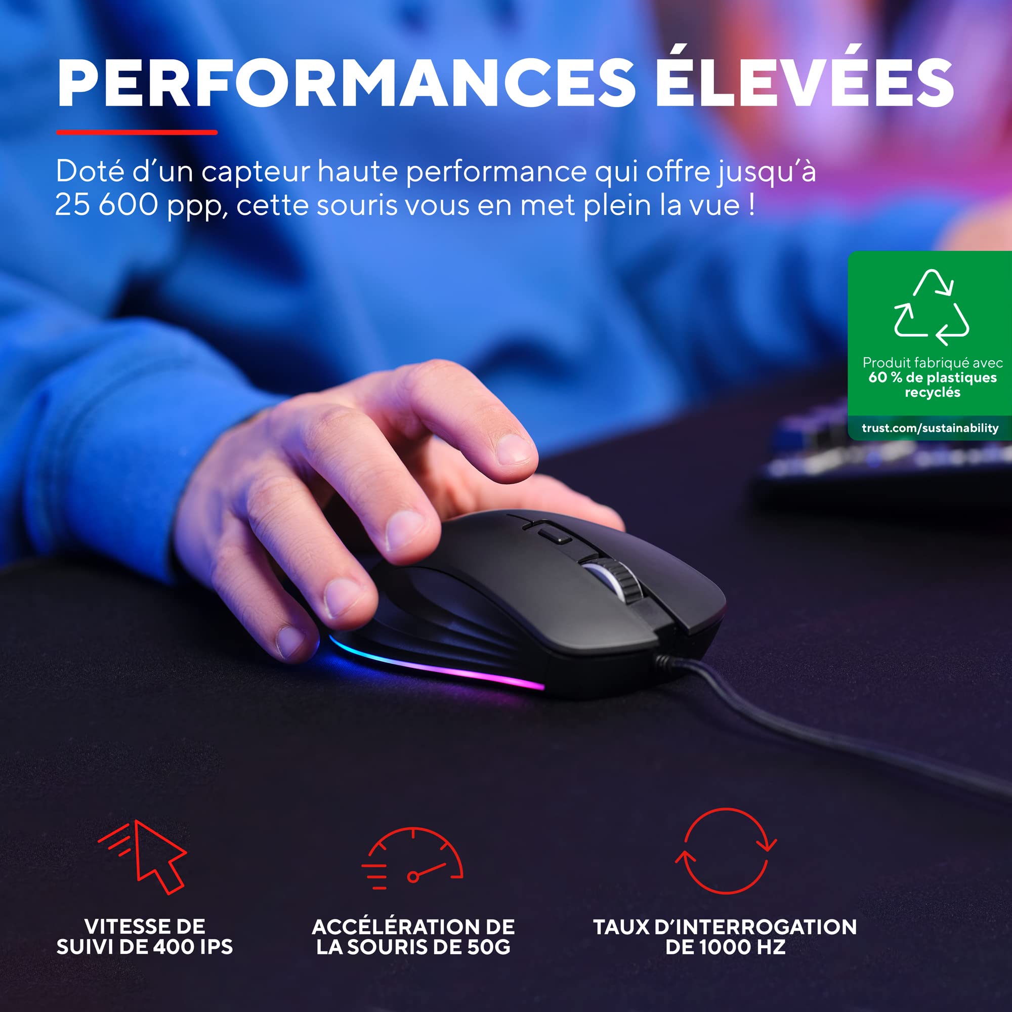 GXTrust Ybar+ Souris Gamer Haute Performance, 25600 PPP, Noir