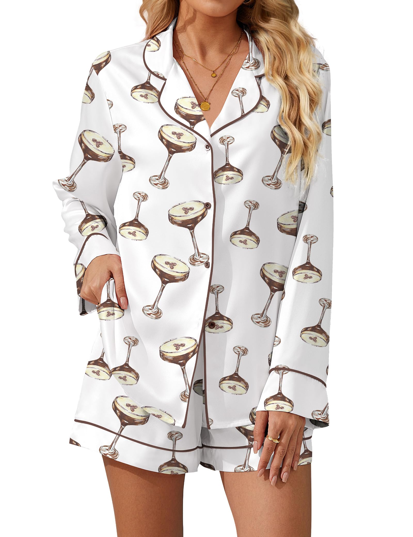 SHESHOW Satin Pajama Set for Women Button Down Long Sleeve Top and Shorts Loungewear Set Funny Print Sleepwear XS-XXL