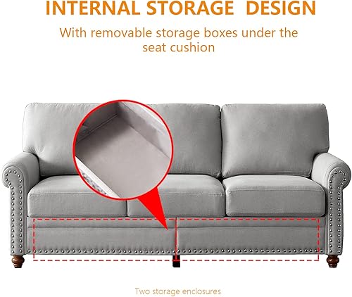 Miniatura 6 de Harper & Bright Designs Sofá de 3 plazas tapizado de lino con espacio de almacenamiento, patas de madera, decoración de uñas, moderno sofá de 3