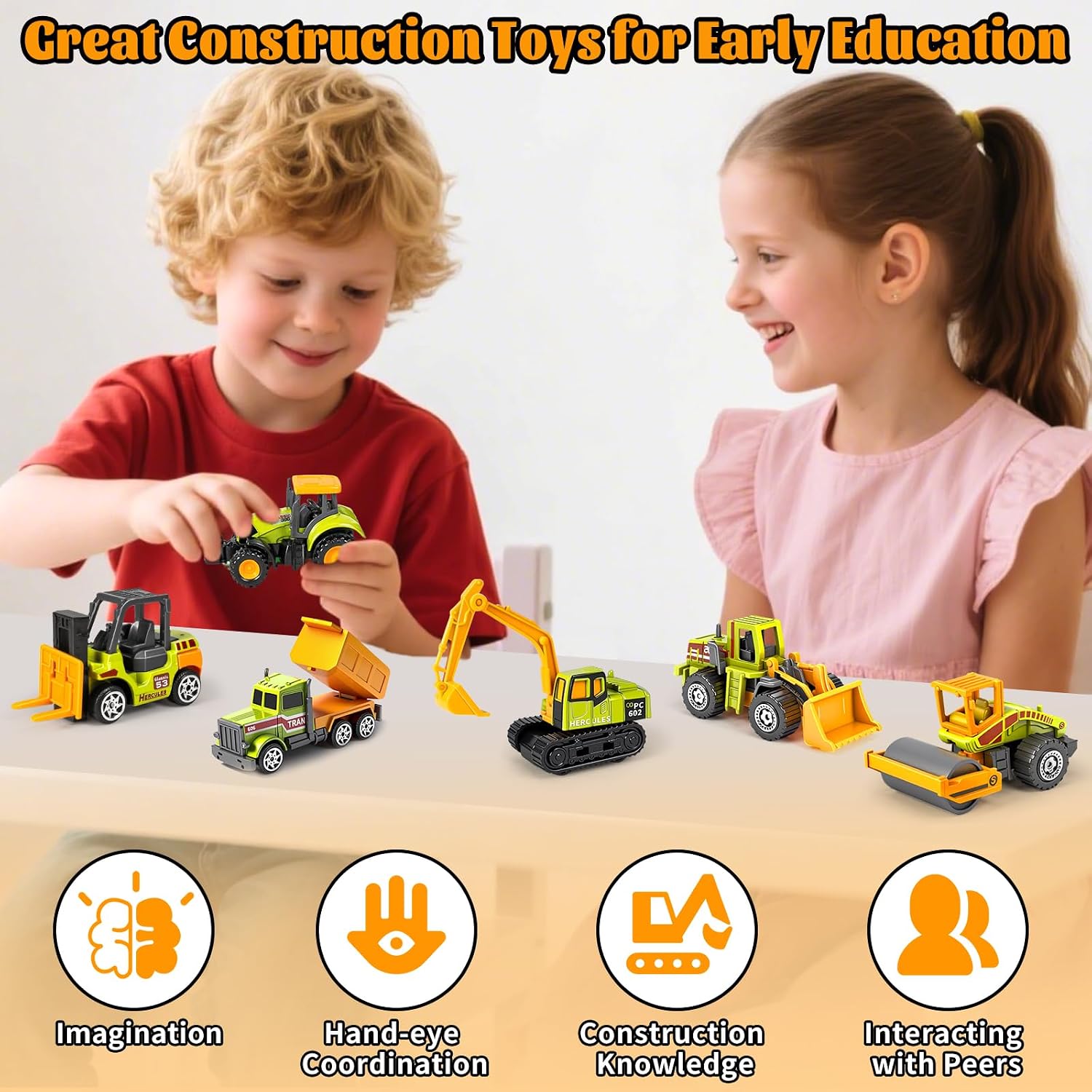 6 Pack Construction Toy, Mini Diecast Farm Tractor Toy Construction Trucks for Kids Boys Age 3-5 6 7, Excavator, Forklift, Dump Truck- Model Car Toys for Toddlers Birthday Gift Goodie Bag Stuffers