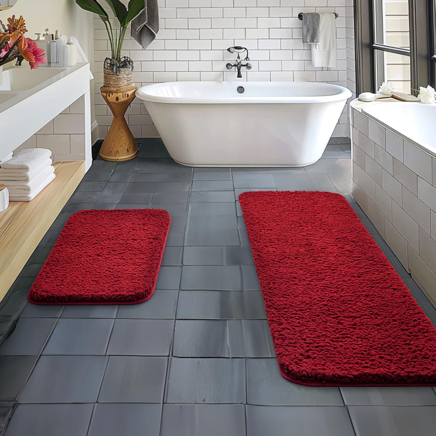 MIULEE Red Bathroom Rugs Set 2 Piece, Soft Absorbent Microfiber Bath Mat Set, Non Slip Quick Dry Machine Washable Plush Shaggy Bath Rugs for Bathroom