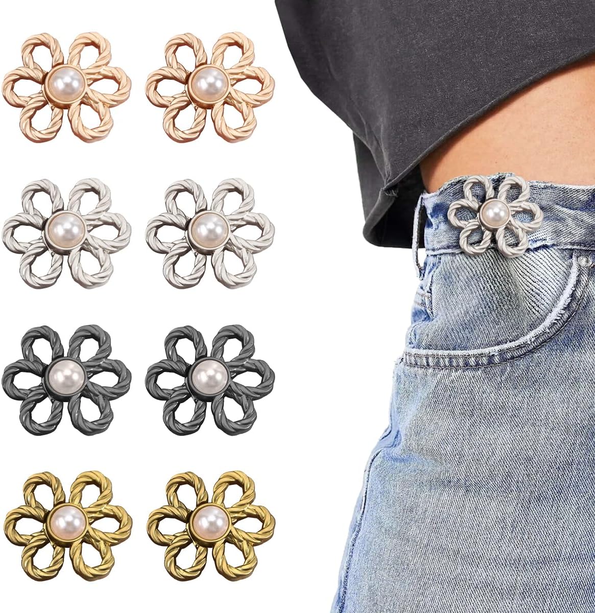 8 Pcs Jean Waist Tightener Buttons, No Sewing Adjustable Waist Clip Set Jean Buttons for Loose Jeans and Pants, Flower Butterfly Waist Cinching Button for Women (Style 01)