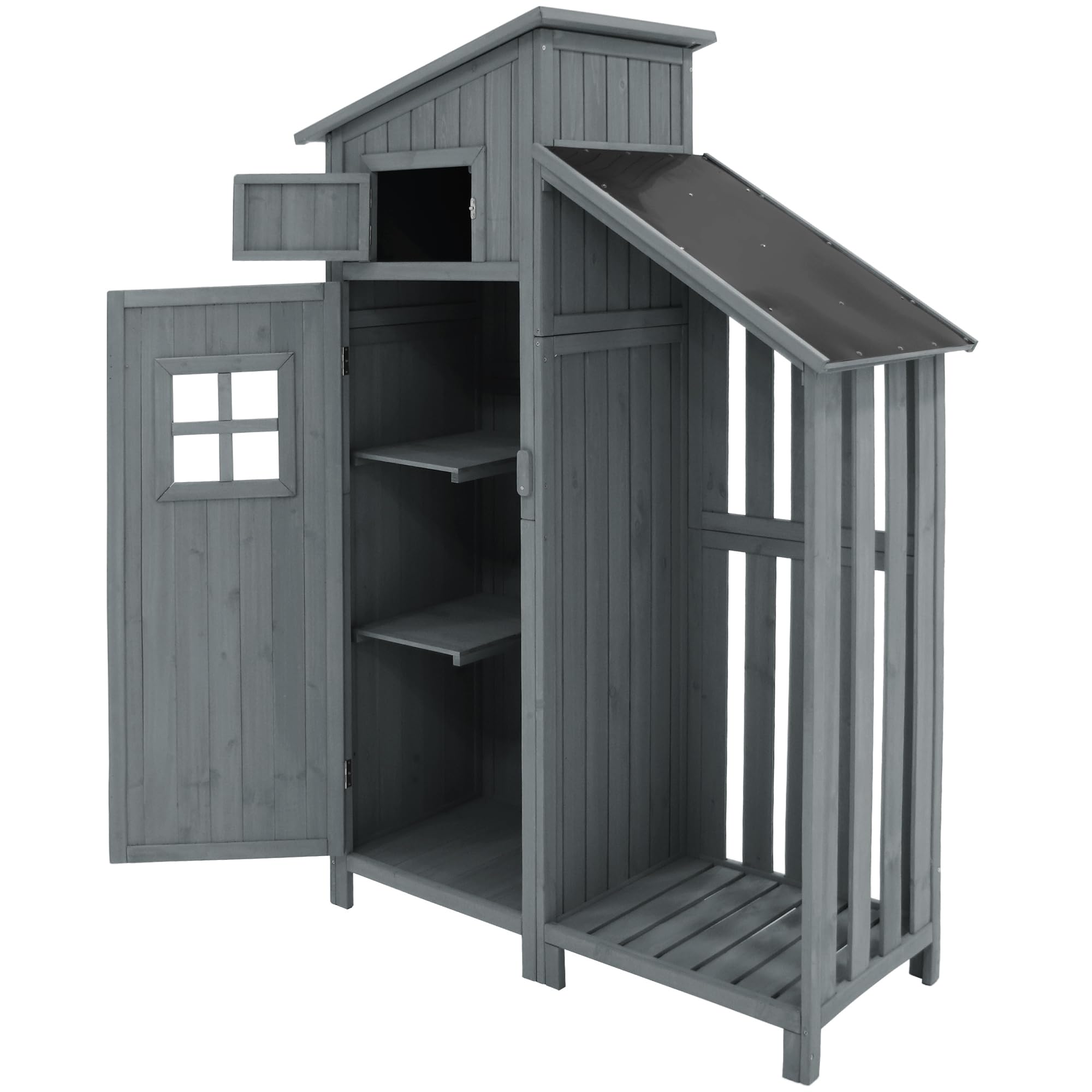 Armario de jardín de madera con 2 estantes, resistente a la intemperie para bicicletas y equipos (pequeño refugio de madera) para pequeños jardines y patios, color gris