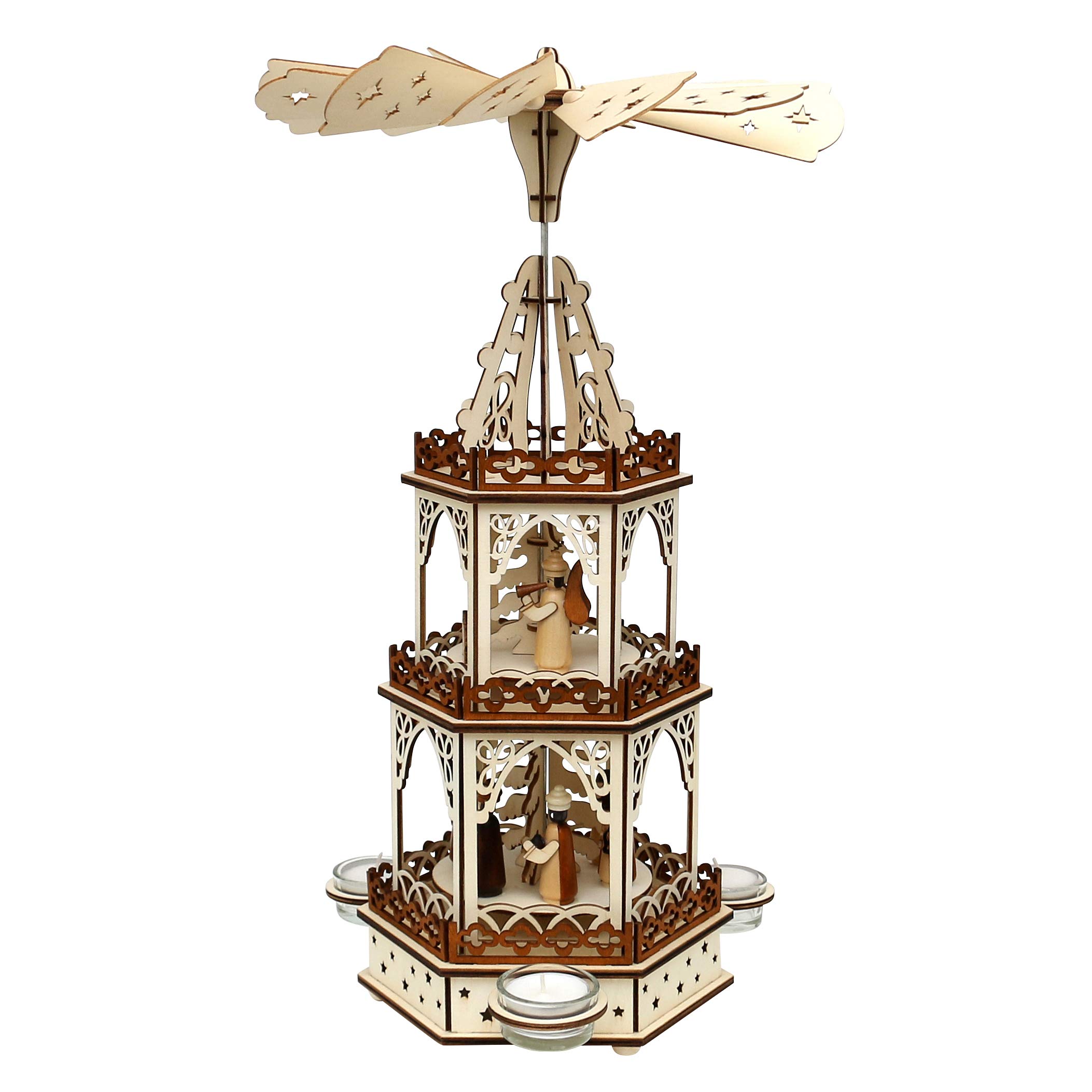 Wooden Tea Light Pyramid in Natural/Brown with 3 Levels for 3 Tea Lights 19 x 16.5 x 42 cm Holy Family Motif