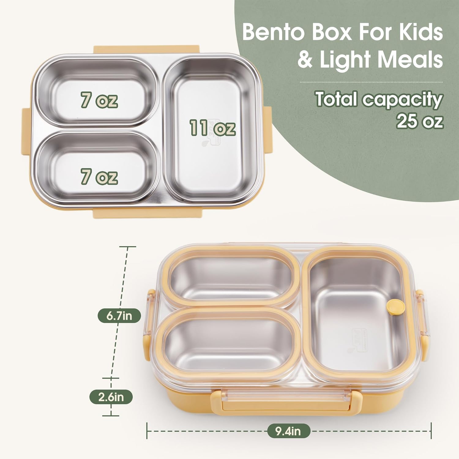 Kabbas Stainless Steel Bento Box Kids & Adults - 25 Oz Metal Lunch Box with 3 Compartments, Premium 304 Stainless Steel Lunch Box for Kids, Dishwasher Safe, Suitable for School, Office, Outside - Image 3