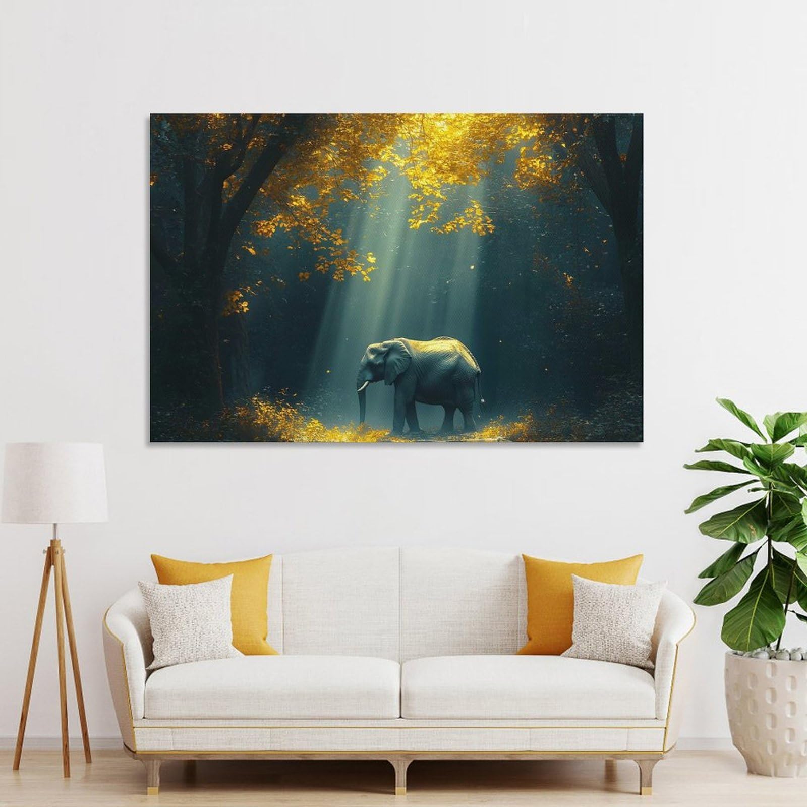 Junmoney Elephant in Golden Forest Decorative Wall Artwork 16x24inch(40x60cm), for Living Room, Bedroom, Office Or Hallway, Decorative Artwork with Broad Appeal