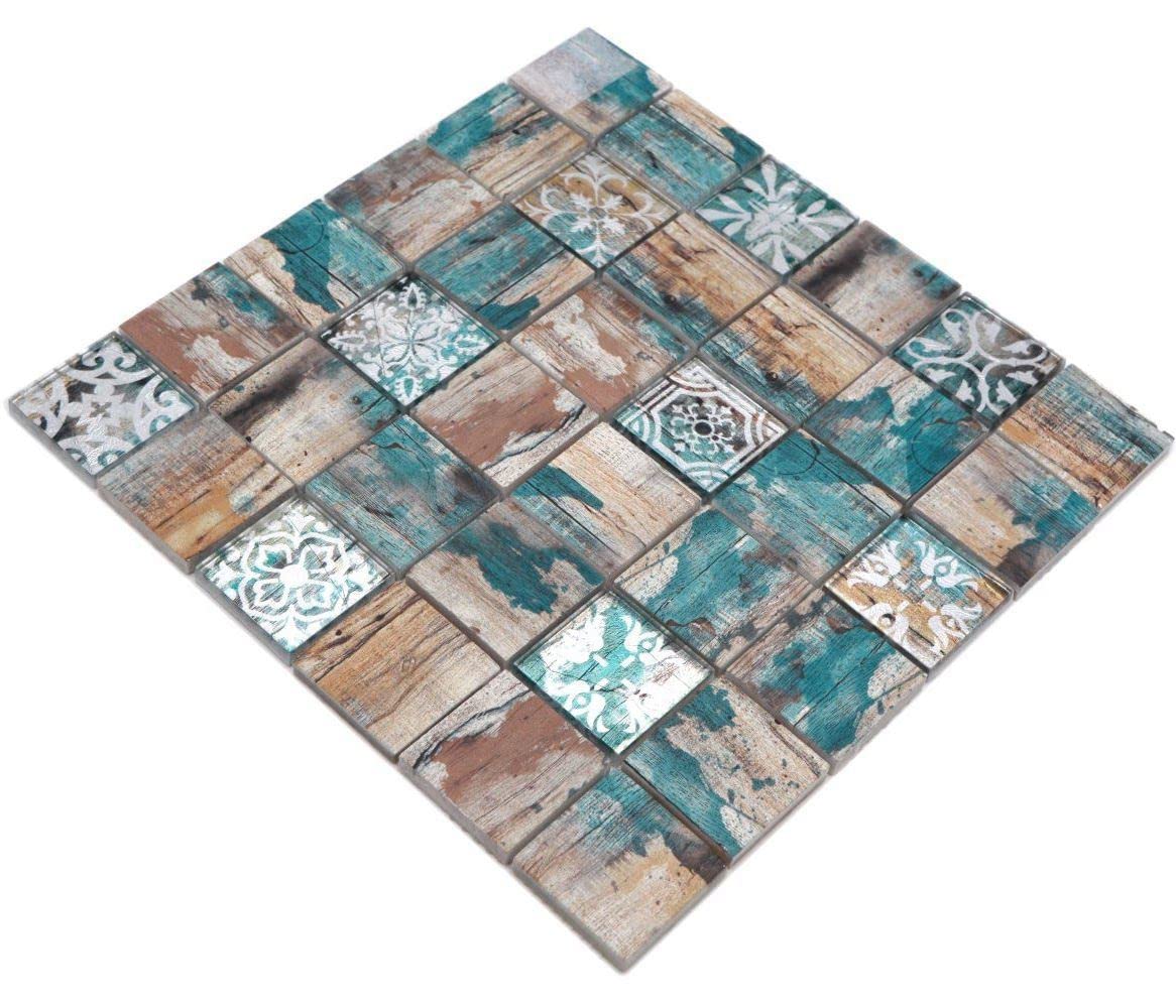 Mosaïque Beige Et Petrol En Verre Mat – Carré 98 Mm, Tapis 298x298 Mm, Pour Mur De Cuisine Ou Douche