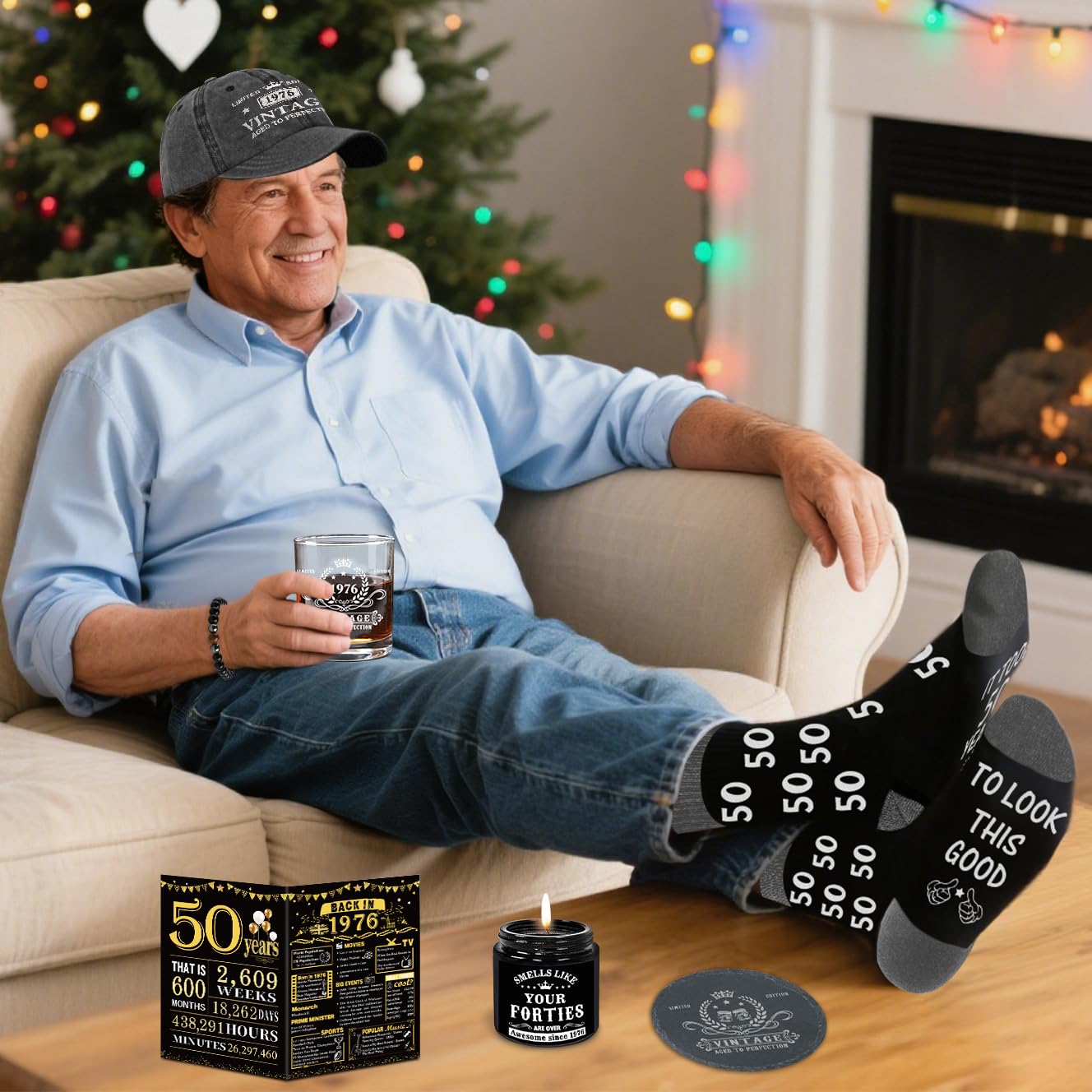 Regalos de 50 cumpleaños para él, decoraciones de feliz cumpleaños 50 para hombres, regalos de 50 años para hombre que lo tiene todo, cestas de regalo de 50 cumpleaños de 1976 para hombres, gorra de