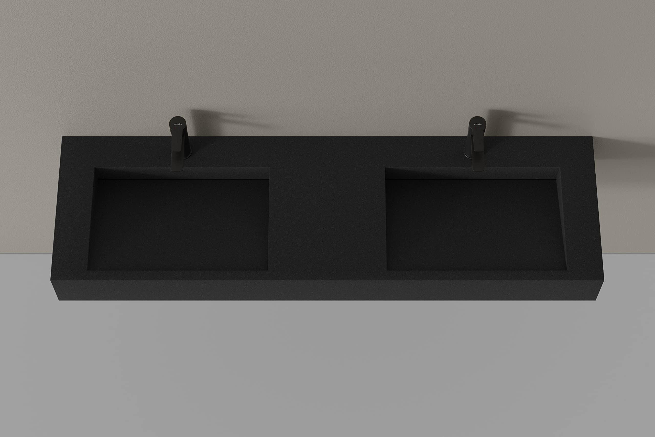 BERNSTEIN - Double Vasque Lavabo Rectangulaire à poser/suspendre Quartz Noir 153x45x15cm fonte minérale Lave main mural + Console métallique sur pieds - Design, Robuste & Durable - TWG16