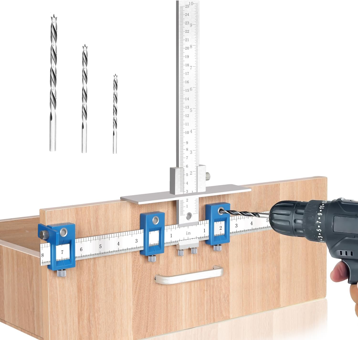 King&Charles Cabinet Hardware Jig, Metal Cabinet Handle Jig with 3pcs Point Wood Drils Bits - Use for Handles Pulls Knobs on Drawers/Doors, Wood Drilling Dowelling Guide Set.