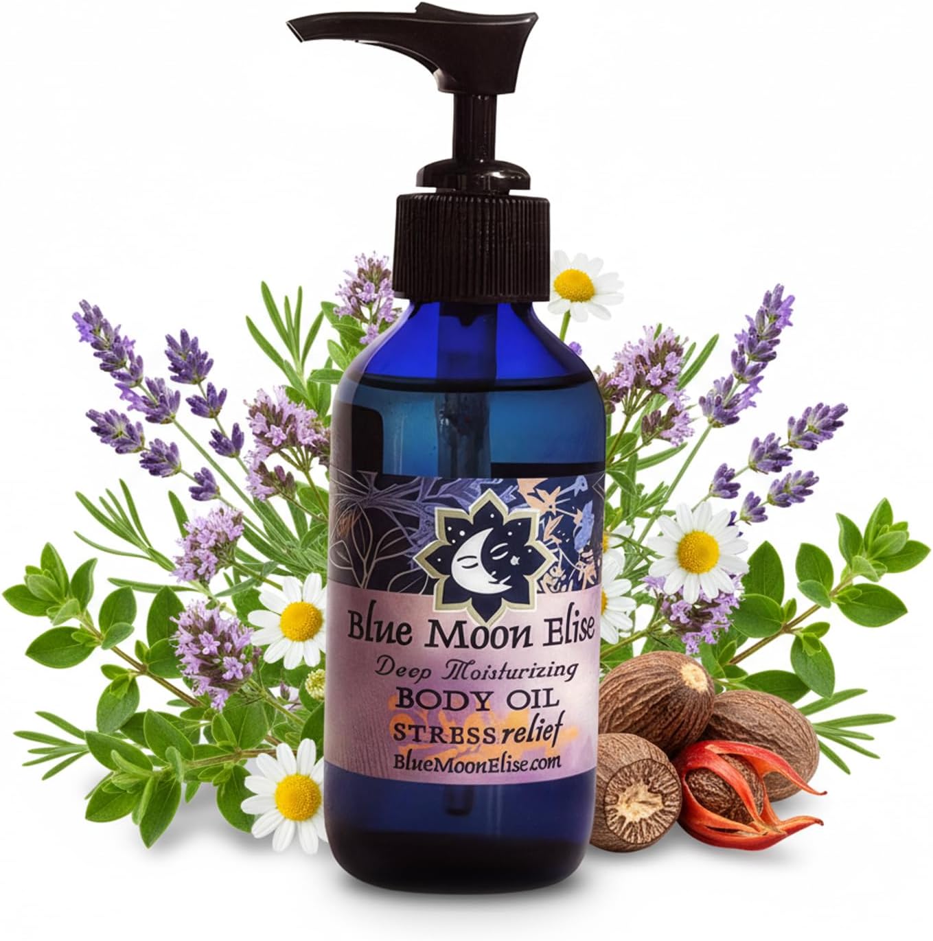 Blue Moon Elise Aromatherapy Body Oil - Hydrating Body Oil with Almond, Apricot & Coconut Oils - Scented with Pure Essential Oils for Women, Men & Dry Skin (Stress Relief 4 Oz)