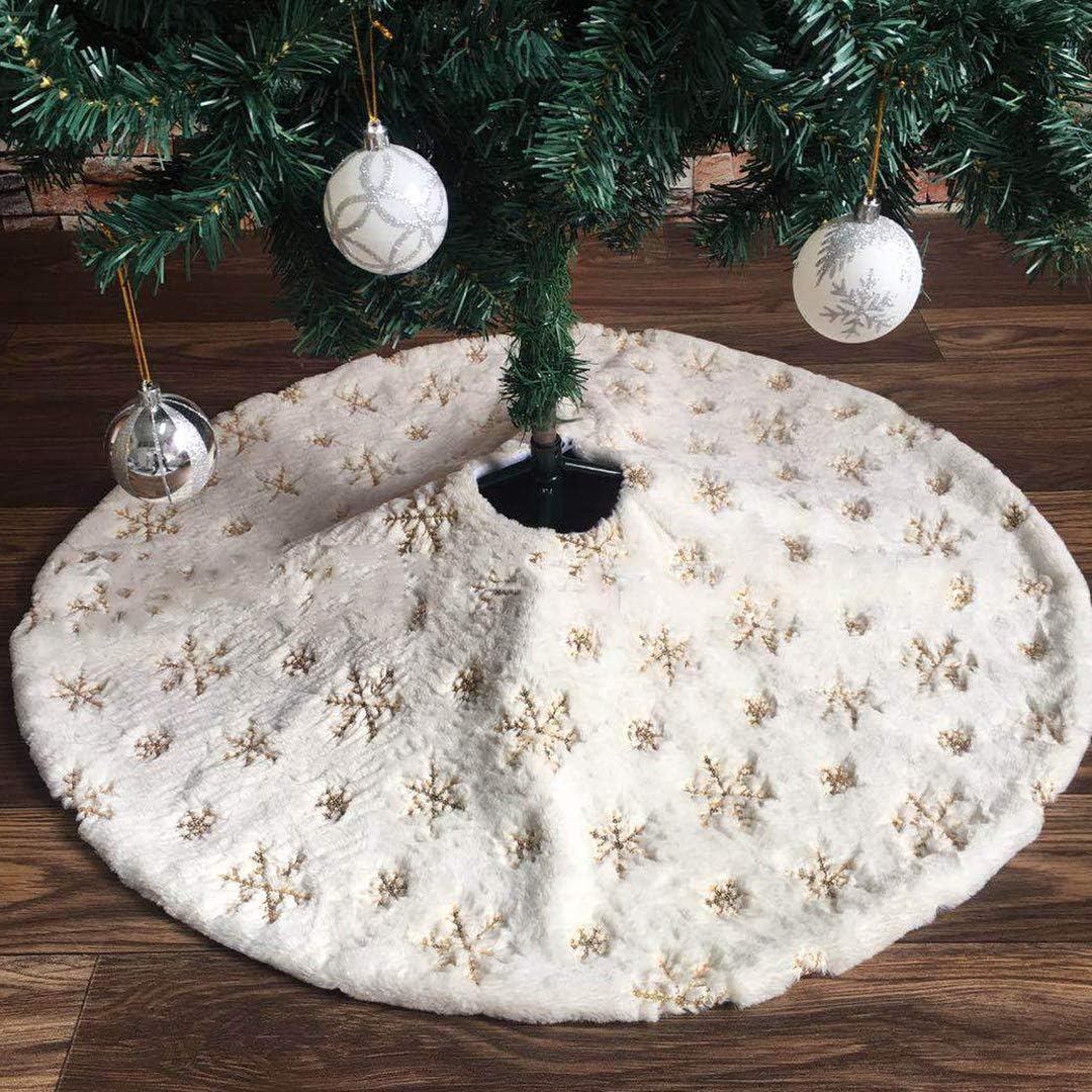 WeeH Christmas Tree Skirt 3 FT Fur Round Mat Xmas Tree Skirt for Home Decoration Christmas Holiday Party, Pure Faux Carpet for Gift and Pet (Gold White Snowflake)