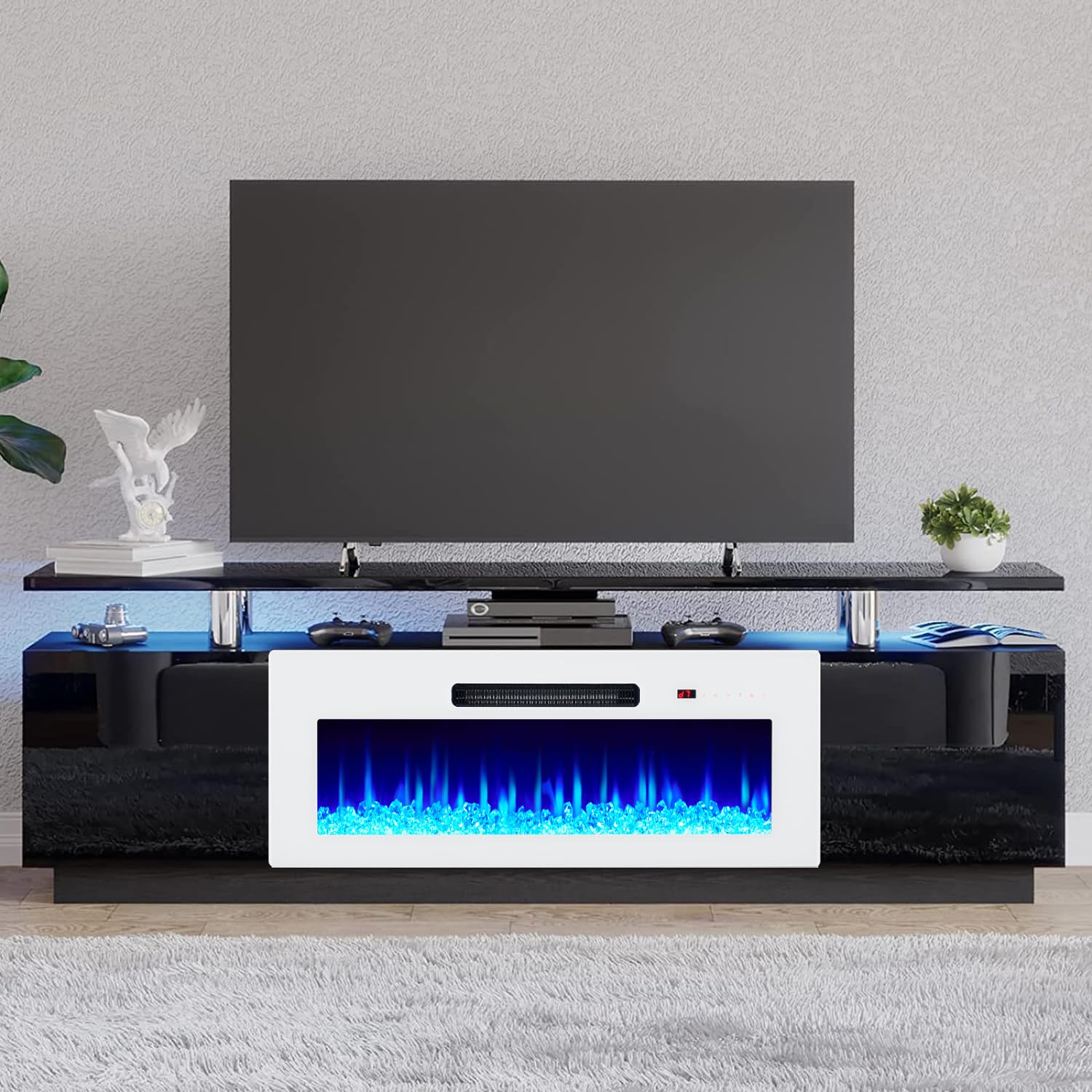 AMERLIFE Fireplace TV Stand with 36" White Fireplace, 70" Modern High Gloss Fireplace Entertainment Center LED Lights, 2 Tier TV Console Cabinet for TVs Up to 80", Black & White