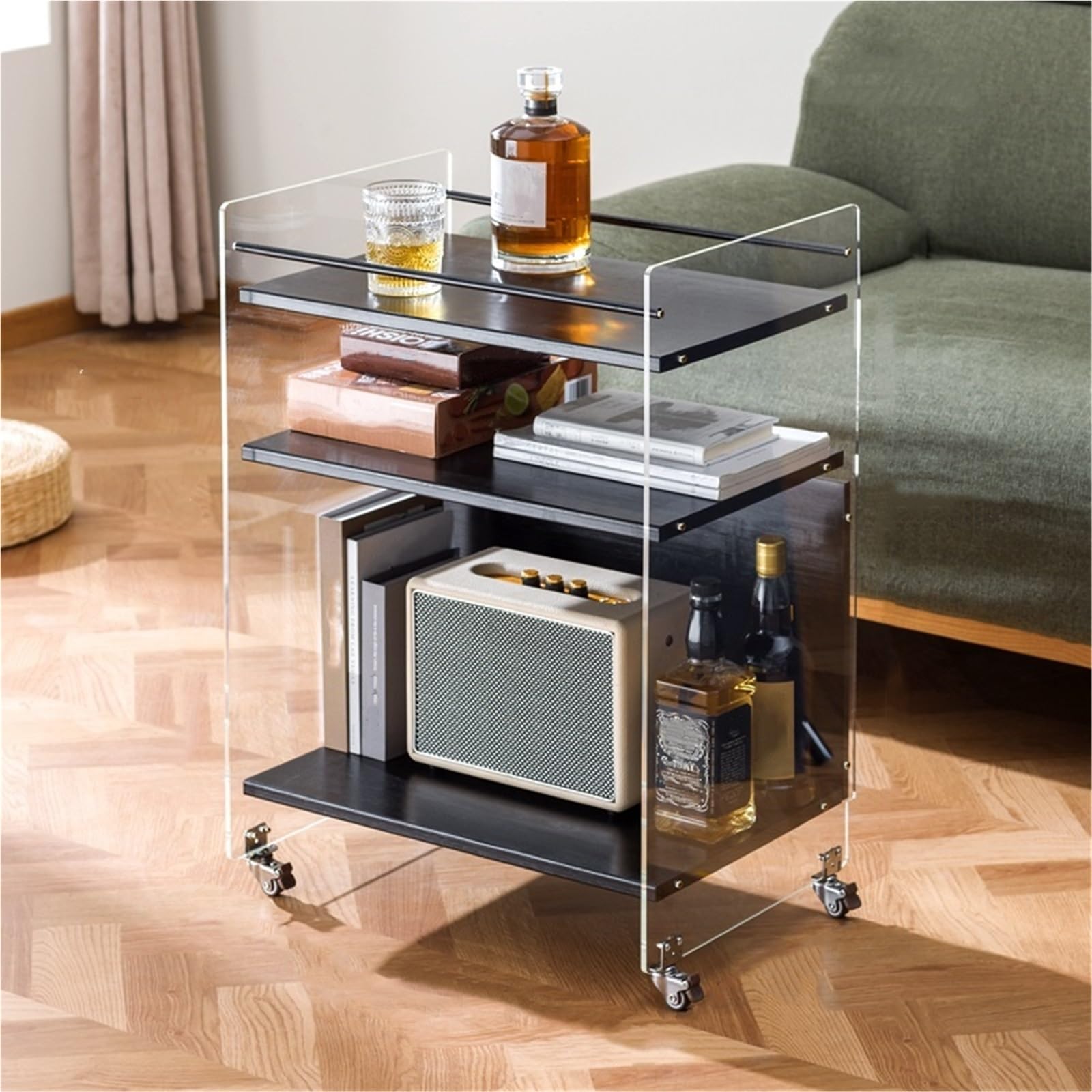 SXZenSpace 3 Tiers Side Table with Wheels Acrylic End Storage Shelf Small Coffee Nightstand Rack for Living Room Office,Ideal