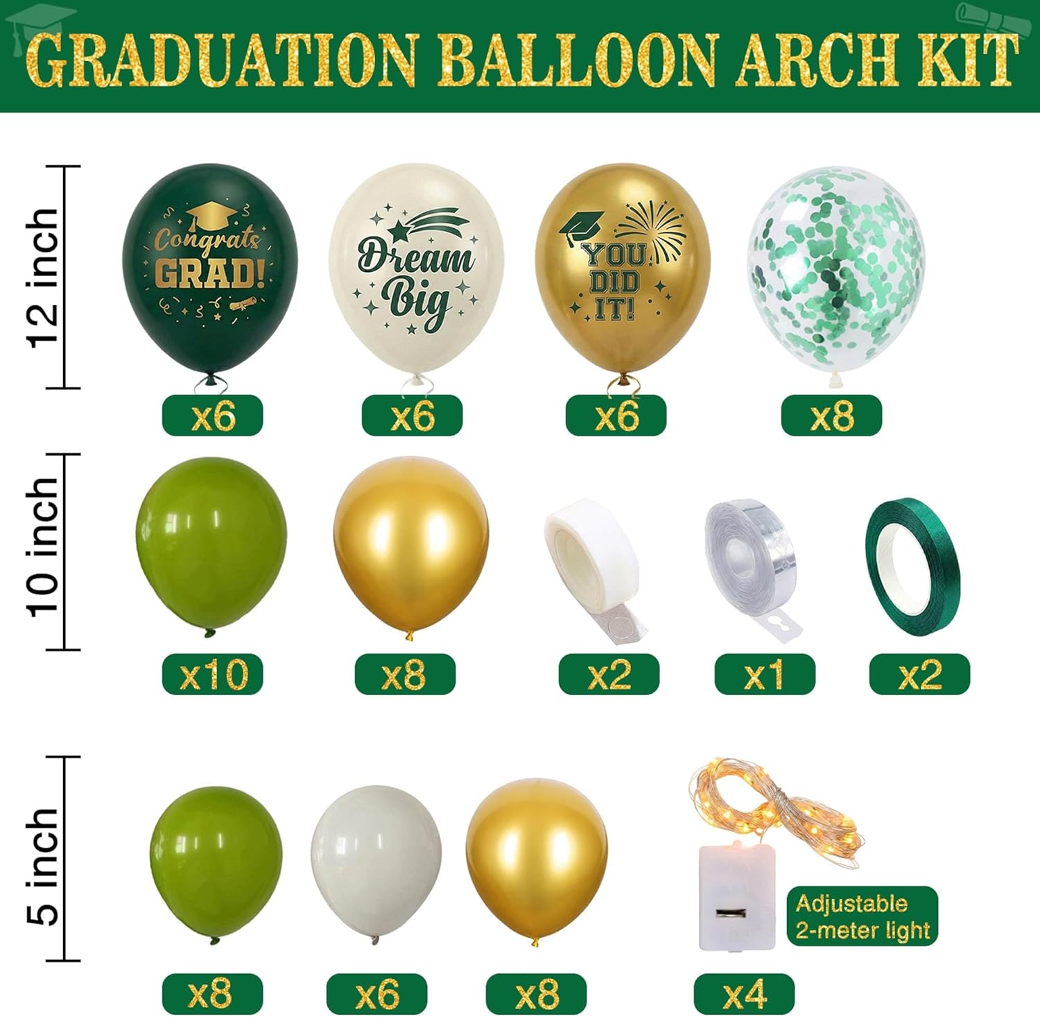Graduation Decorations Class of 2026 Green and Gold Balloon Boxes and Arch Garland Kit for High School & College, Congrats Grad Table Decorations with 4 String Lights and GRAD So Proud of You Letters