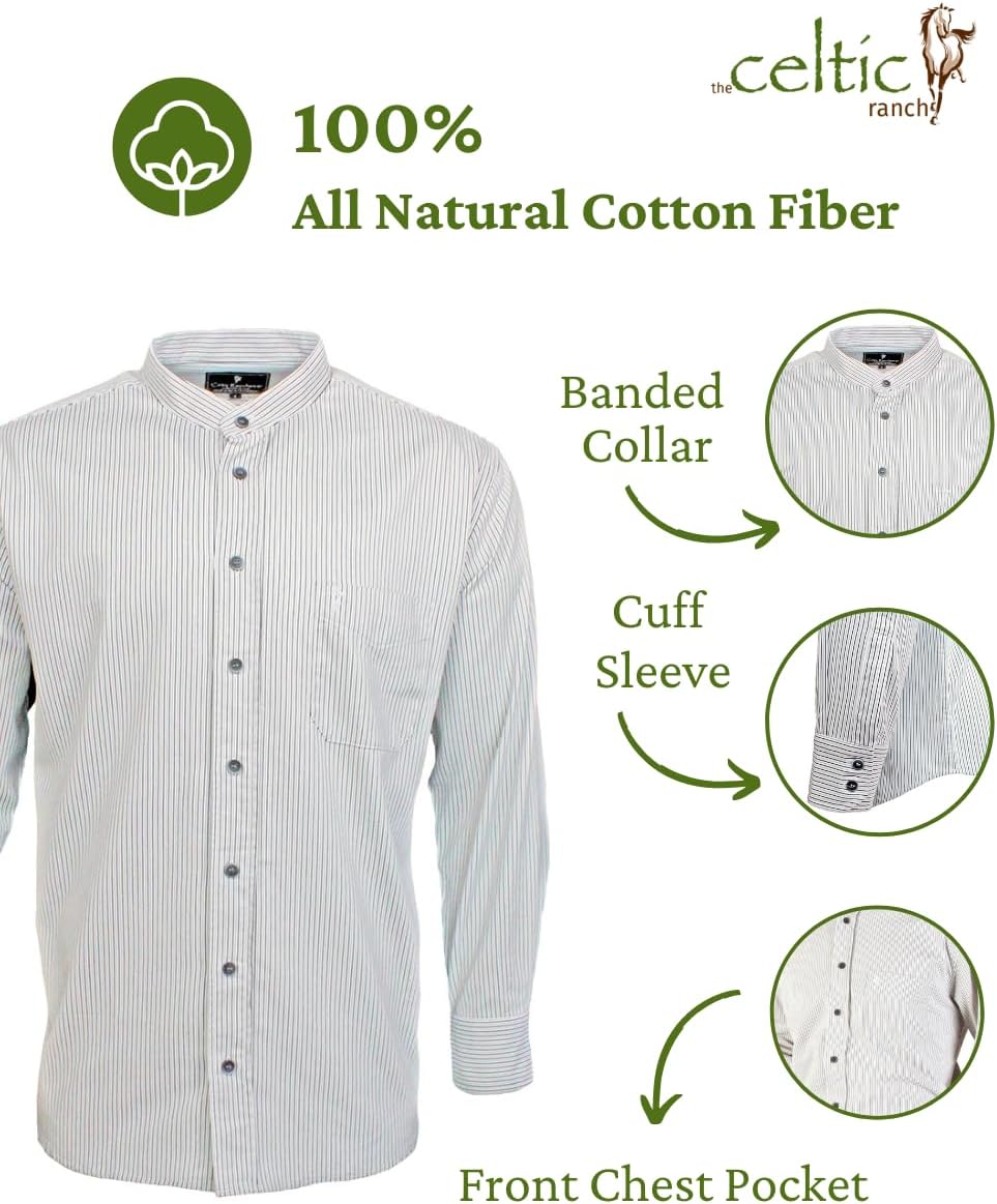 Traditional Irish Grandfather Shirt, Men's Casual Long Sleeve Button Down Collarless Dress Shirt - Image 2