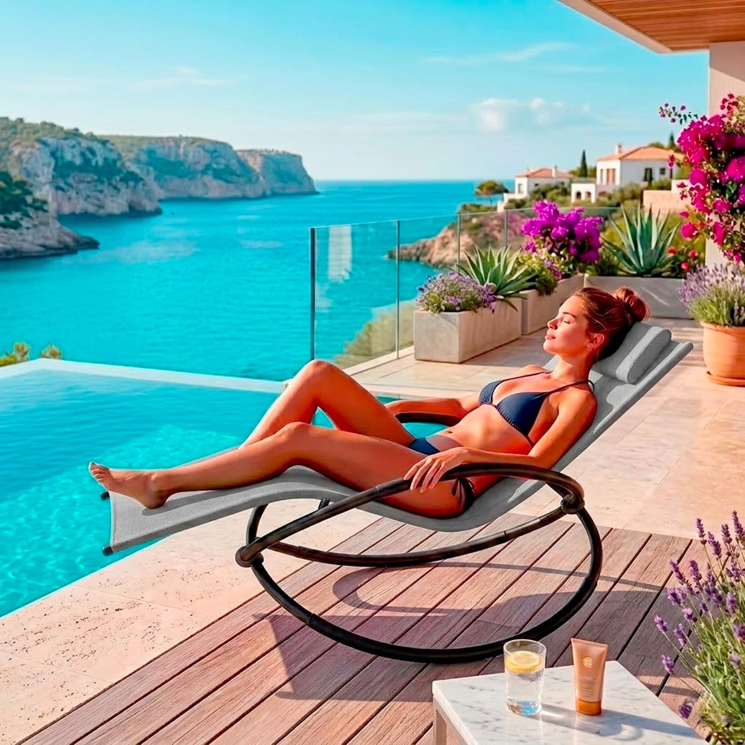 Poltrona Sdraio A Dondolo Basculante Per Giardino E Piscina Con Poggiatesta Removibile Telaio In Metallo Textilene Traspirante Ergonomica Da Esterno 73 x 150 x 93 Cm Grigio