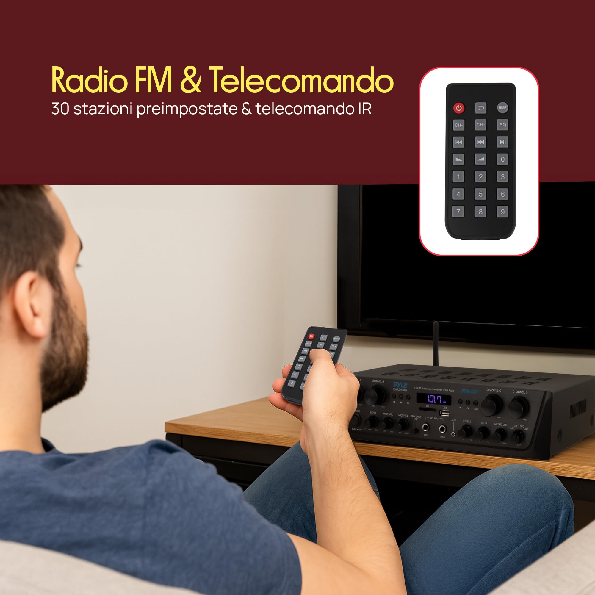 Pyle Amplificatore Karaoke Bluetooth Wireless 500 Watt, Audio Stereo 4 Canali con AUX, Radio FM, USB, Microfono In