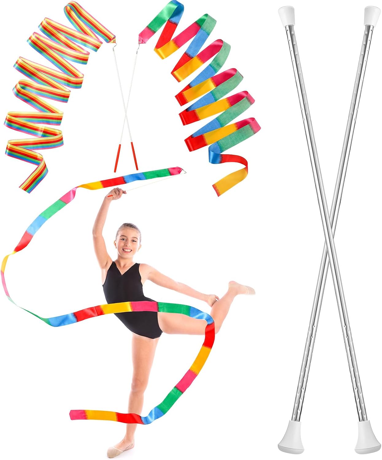 Leyndo 2 Set Twirling Baton and Colorful Dance Ribbons, Stainless Steel Rhythmic Gymnastics Conducting Batons, Spinning Dance Baton for March Band, Artistic Dancing