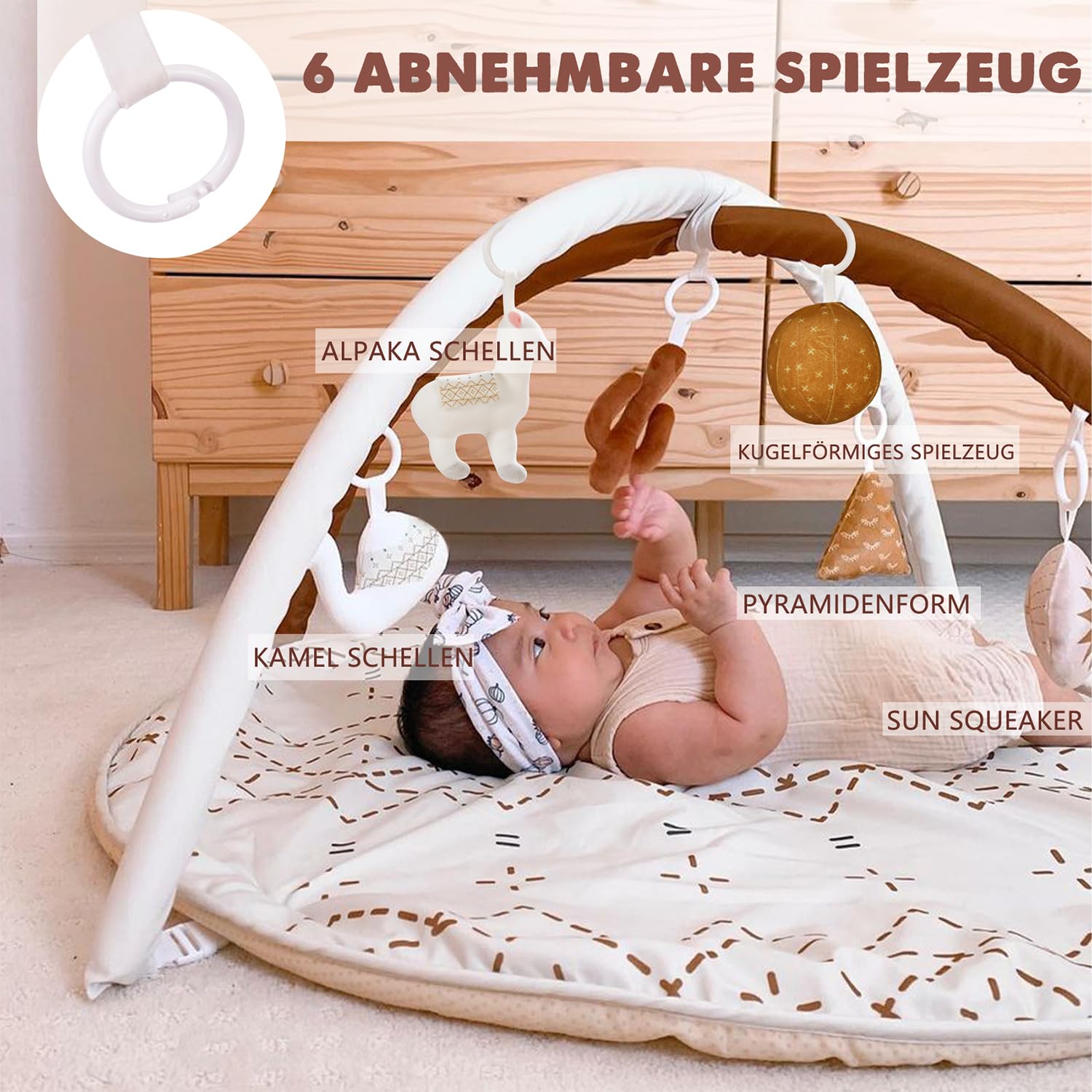 Mallify Baby Spielbogen mit Spielmatte, play mat mit Bauchzeit Kissen und 6 abnehmbaren Sensorik Spielzeugen für Neugeborene & Kinder, Goldbraun