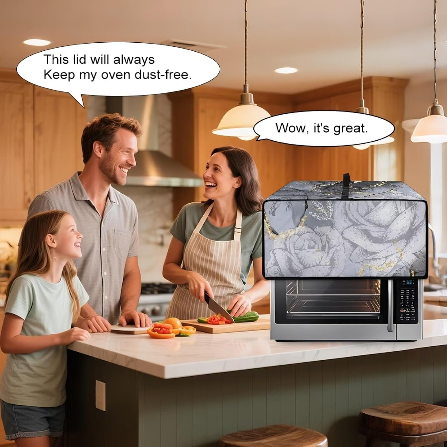 Marble Rose Flower Print Toaster Oven Cover, Stain-Resistant Air Fryer Cover with Storage Pocket, Kitchen Decorative Oven Protector, Black Grey Gold, (Small-14.5*18.46*9 inches)