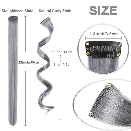 Miniatura 3 de Olldag 10 extensiones de cabello gris, rizadas, onduladas, sintéticas, con clip en arco iris neón para fiesta, accesorios de cabello coloridos para