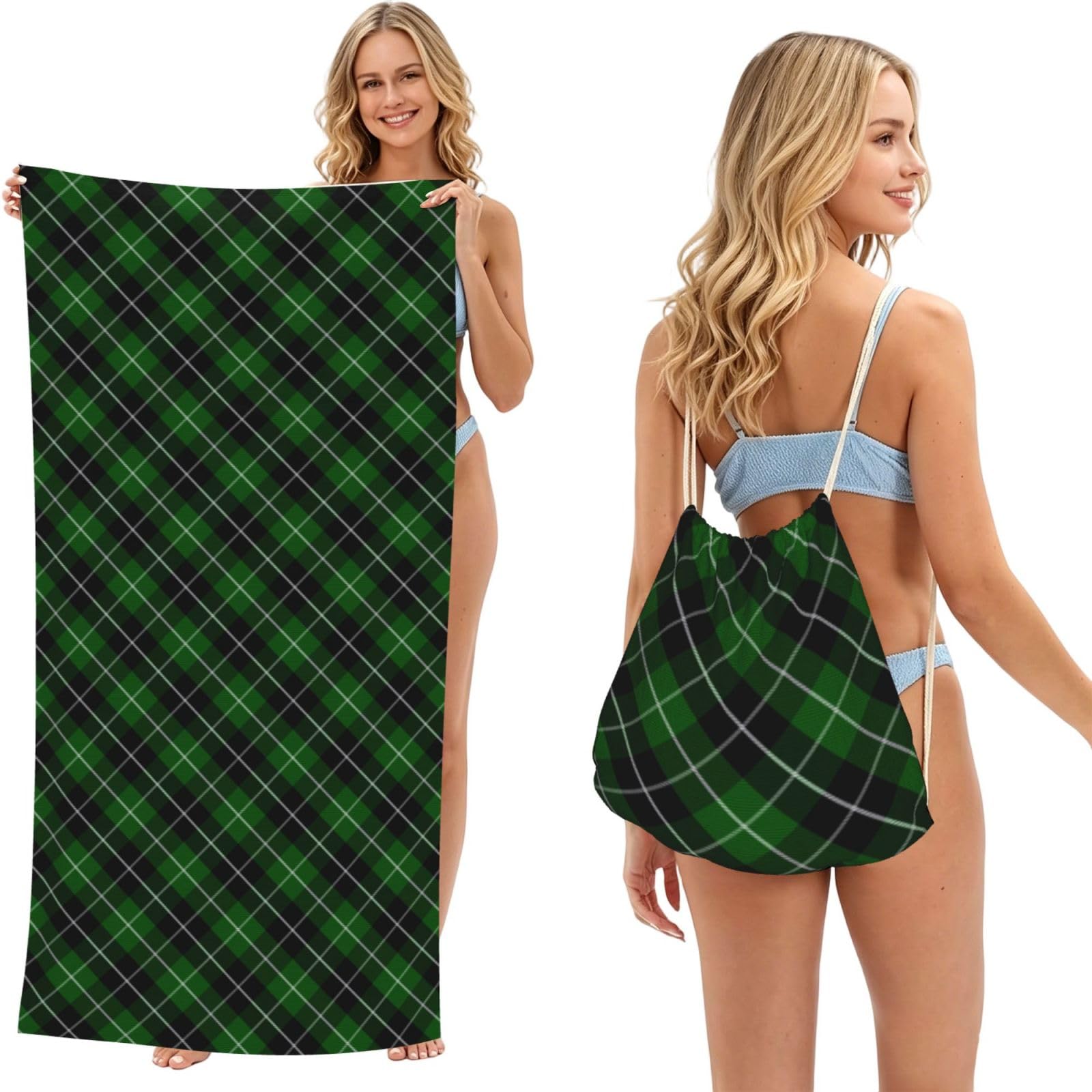 Poadnly As Picture Green Tartan Black Plaid, 2 In 1 Packable Towel Bag, Beach Towels With Drawstring Backpack For Travel Holiday Camping