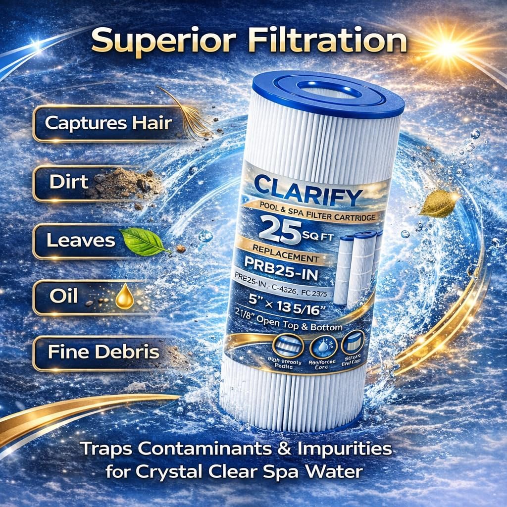 PRB25-IN Hot Tub Filter Replacement for C-4326, FC-2375, 303909 – 25 Sq Ft Spa Filter Cartridge Compatible with Pleatco PRB25-IN, Unicel C-4326, Filbur FC-2375, 5" x 13-5/16", 2-1/8" Open Top & Bottom
