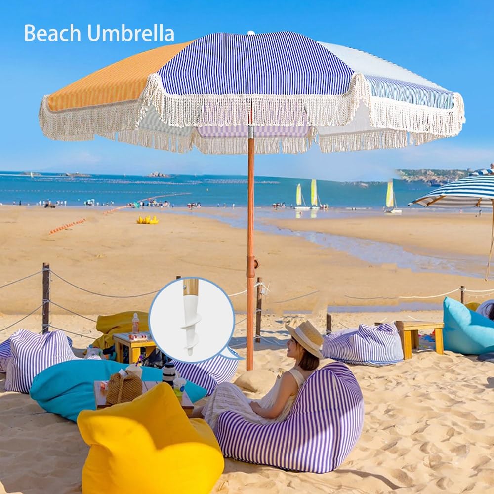 Bohema Parasol plażowy z frędzlami, 1,8 m, 8 żeber, ochrona przed promieniowaniem UV, składany, regulowany, pochylony parasol przeciwsłoneczny z frędzlami, na patio, do ogrodu, na dziedziniec