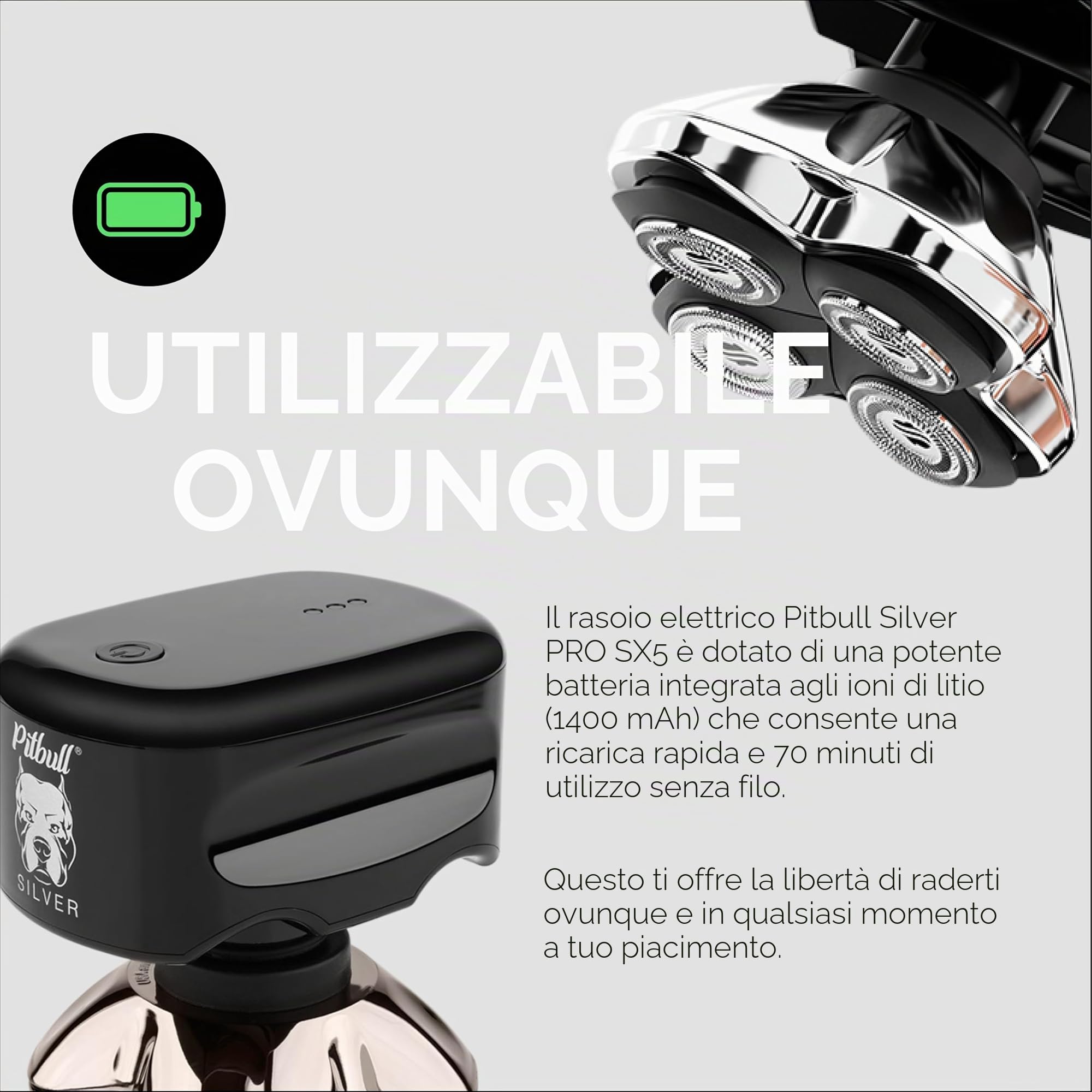 Skull Shaver Pitbull Silver Pro SX5 – Rasoio Testa e Viso – Elettrico Uomo, Wet&Dry, Senza Fili, Resistente all’Acqua – Prestazioni Potenziate