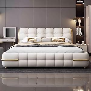 King Size Luxury Genuine Leather Wood Bed Upholstered Platform Bed Frame with Wingback Headboard and Lift Up Storage