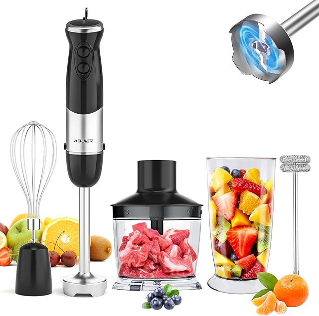Immersion Blender Handheld 5 in 1 Hand Blender, 800W Hand Mixer Stick, BPA-Free 12 Speed and Turbo Mode Handheld Blender 304 Stainless Steel, With 20 oz Mixing Beaker, 17oz Chopper, Whisk and Milk Frother for Soup, Smoothies, Baby Food, Sauce, Abuler